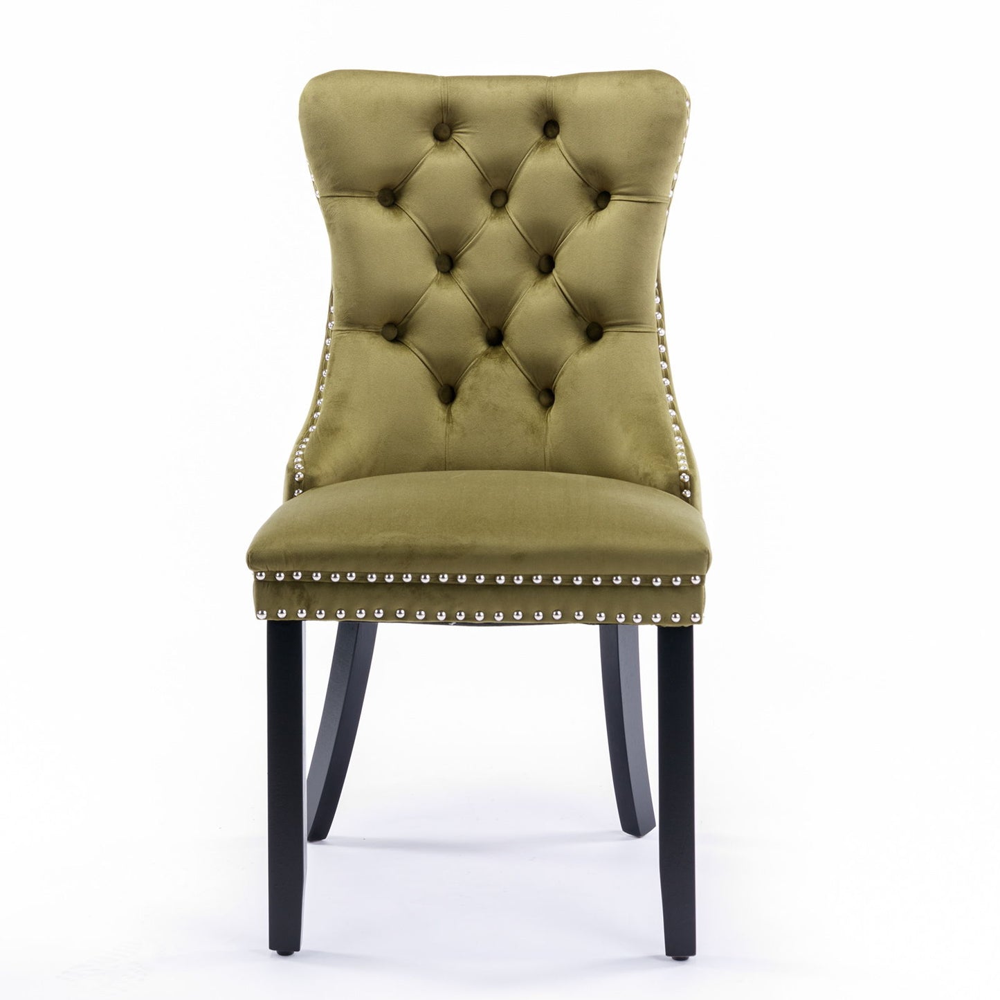 The Nikki set features modern high-end tufted olive green velvet dining chairs with dark wood legs and silver nailhead trim, photographed against a plain white background.