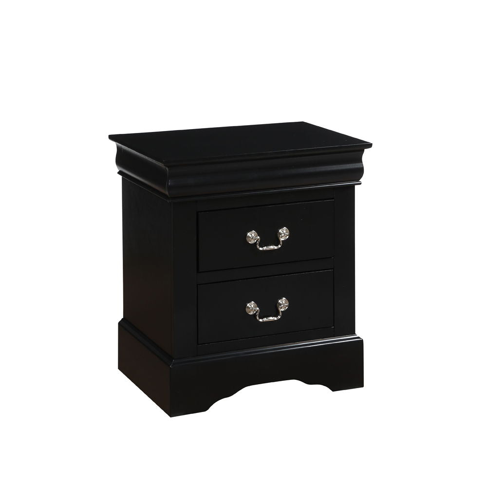 The Louis Philippe III Sleek Design Nightstand features a black wooden finish, two drawers with dual silver handles each, and a decorative top edge and base, offering a classic yet simple style.