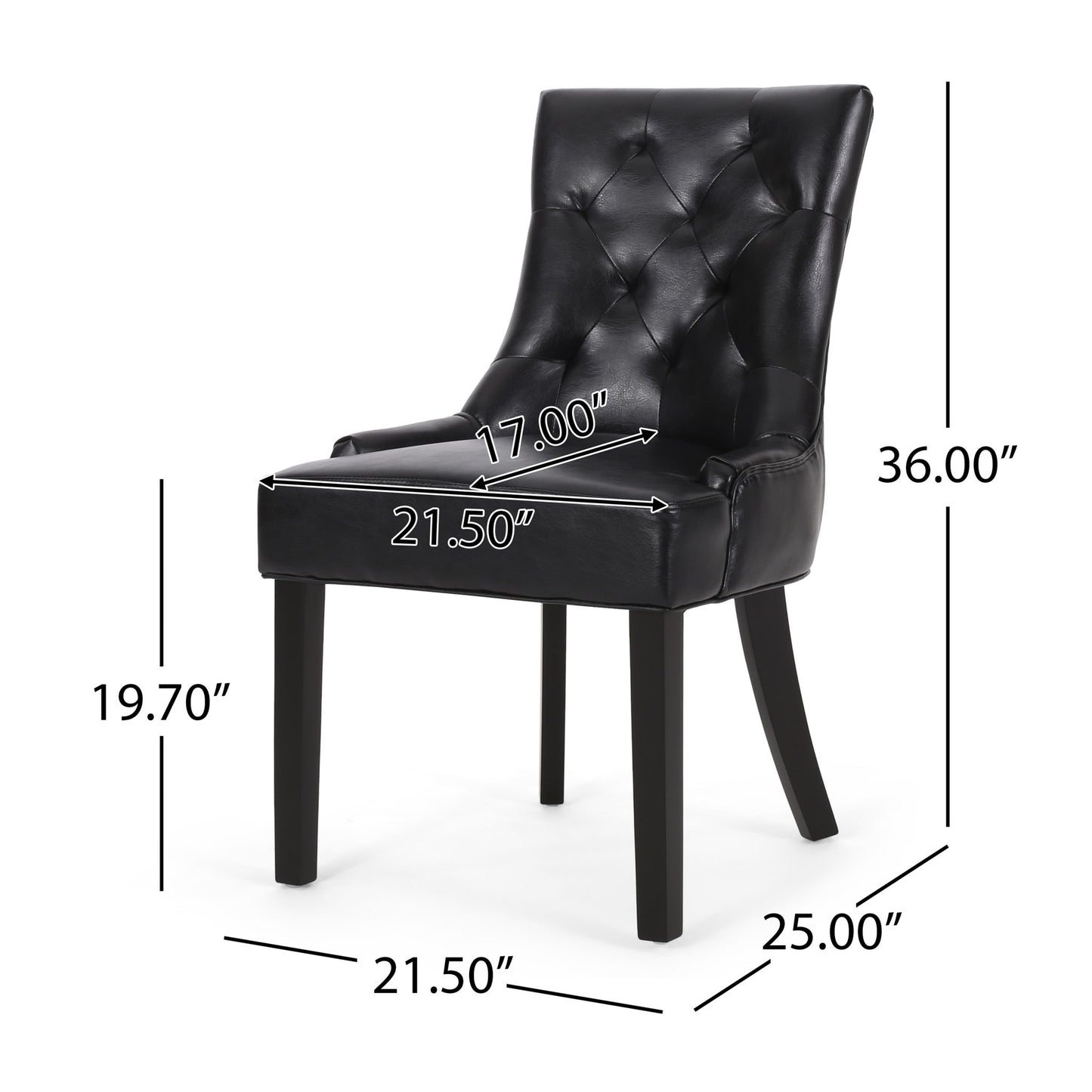 The Cheney Contemporary Dining Chair (Set of 2) features black tufted upholstery, four dark wooden legs, and measures 36"H x 25"D x 21.5"W with a seat height of 19.7" and seat depth of 17".