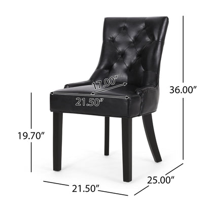 The Cheney Contemporary Dining Chair (Set of 2) features black tufted upholstery, four dark wooden legs, and measures 36"H x 25"D x 21.5"W with a seat height of 19.7" and seat depth of 17".