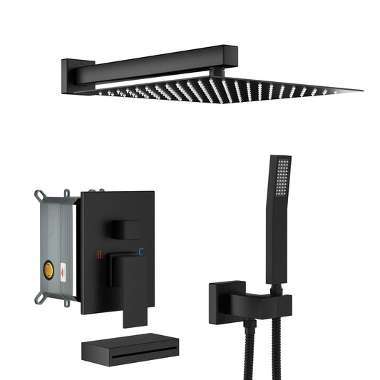 Wall Mounted Square Shower System With Waterfall Tub Spout And Rough In Valve - Matte Black