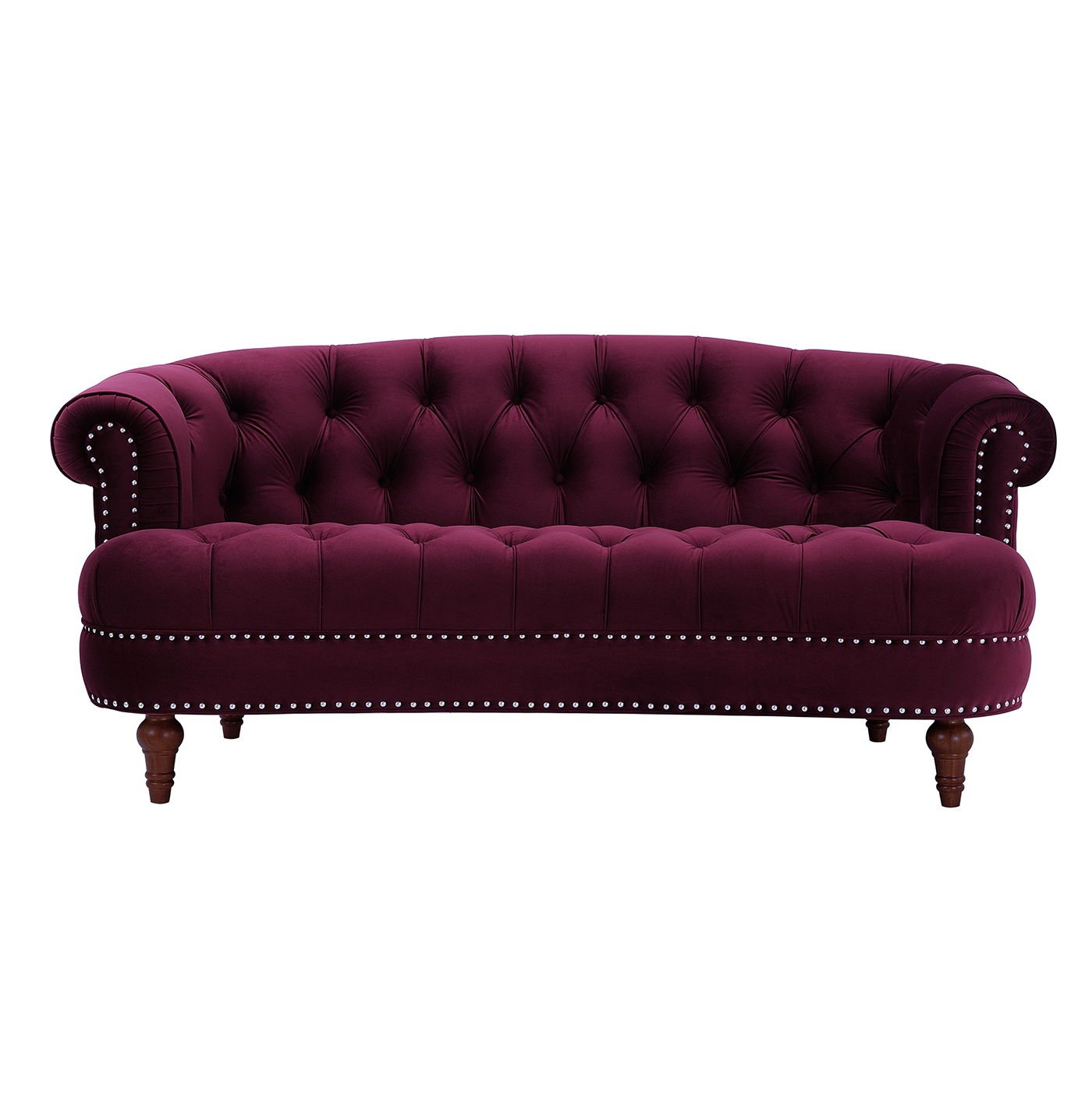 The La Rosa - Victorian Chesterfield Loveseat features deep purple velvet, rolled arms, button tufting, nailhead trim on the front, and dark wooden legs, shown against a white background.