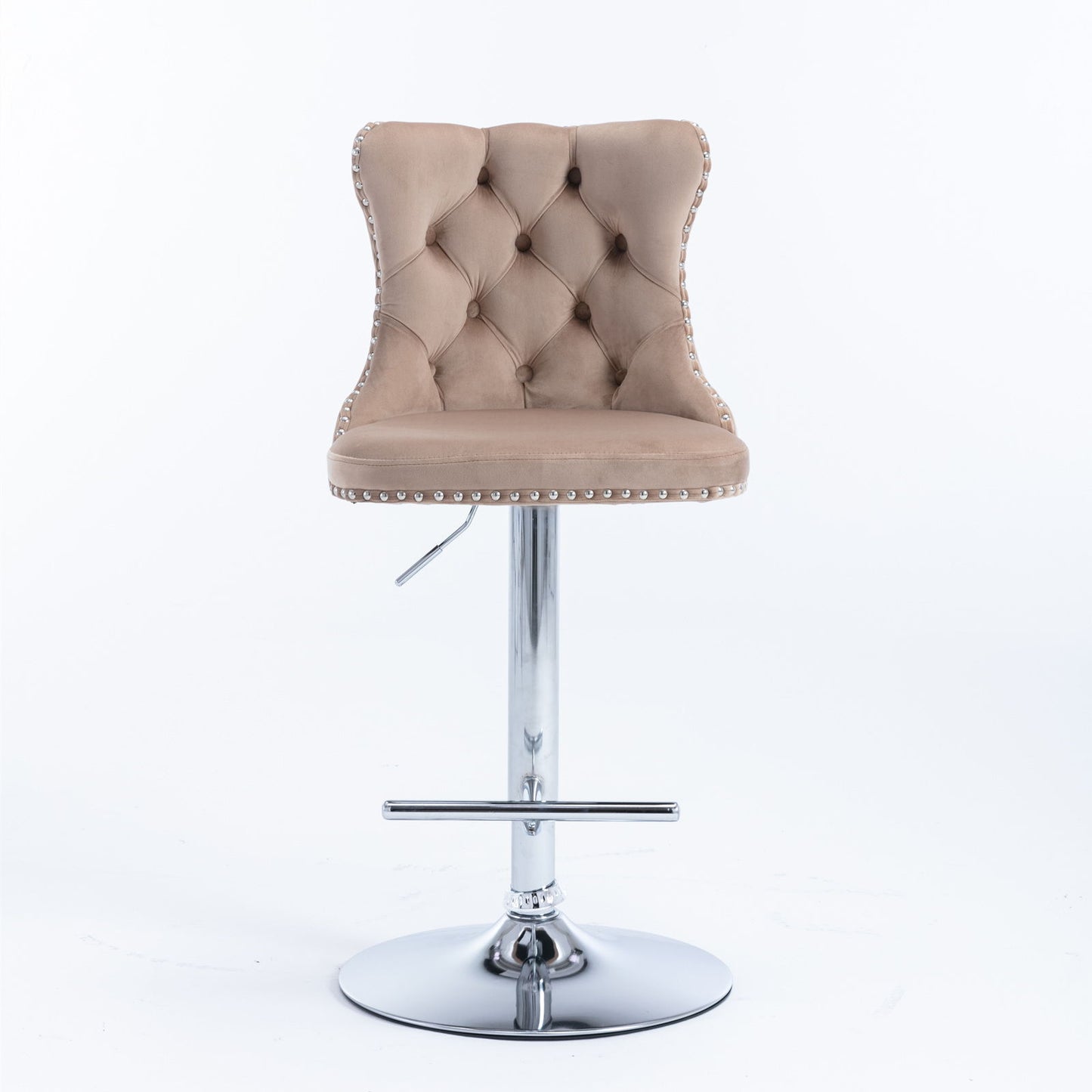 A set of 2 modern beige Swivel Velvet Barstools with tufted backs, cushioned seats, silver nailhead trim, chrome bases, footrests, and adjustable seat height from 25-33", shown against a plain white background.