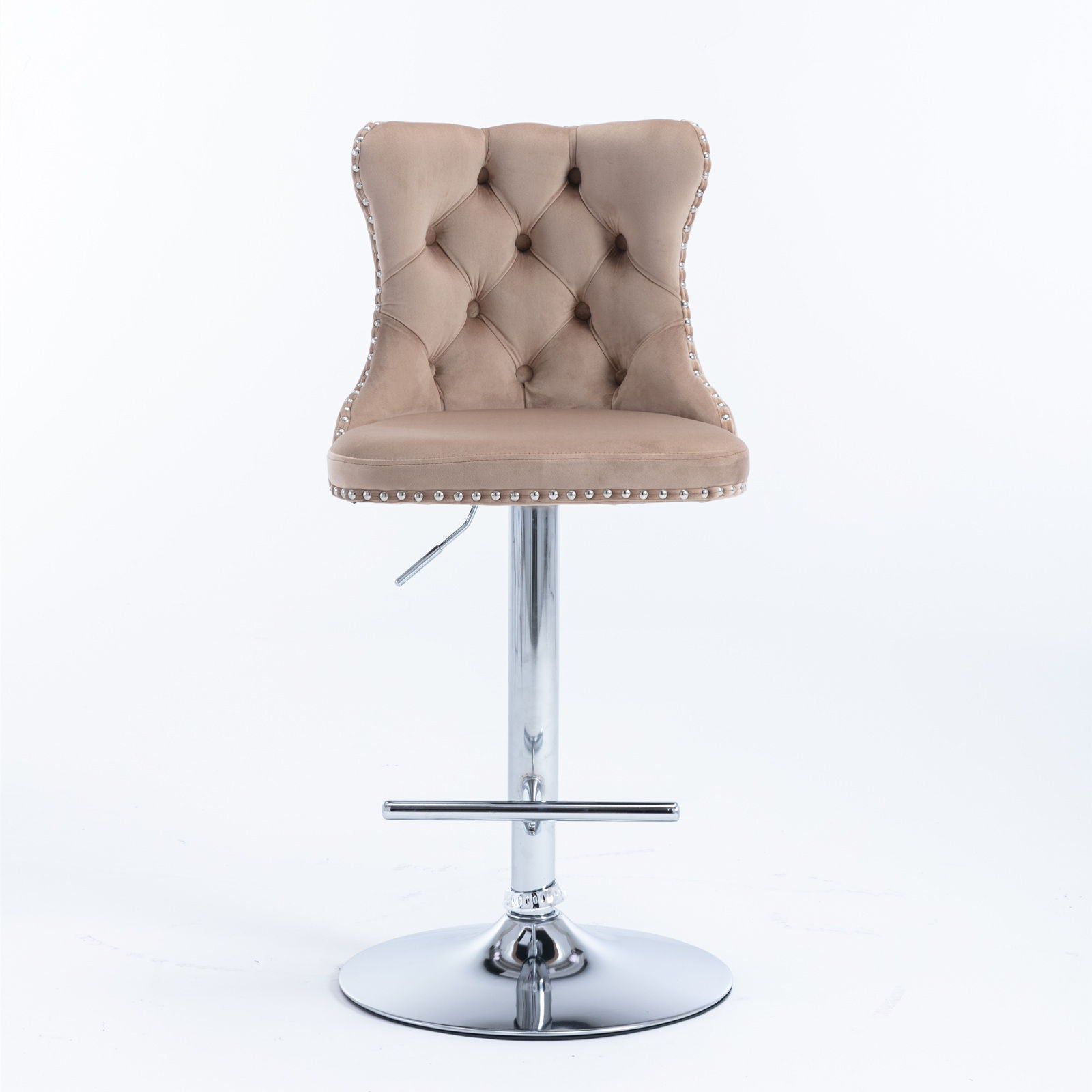 A set of 2 modern beige Swivel Velvet Barstools with tufted backs, cushioned seats, silver nailhead trim, chrome bases, footrests, and adjustable seat height from 25-33", shown against a plain white background.