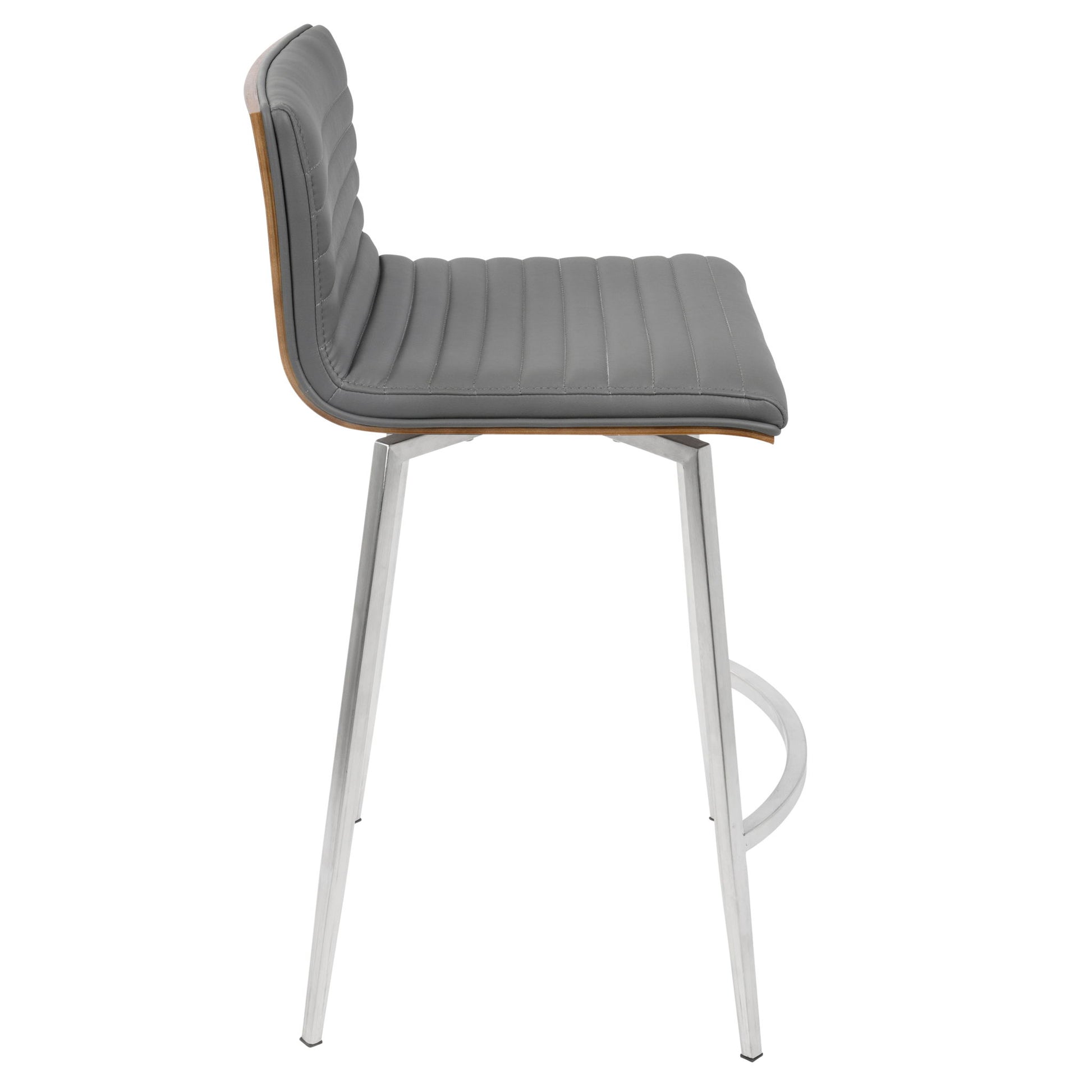 Side view of the Mason - Contemporary Swivel Counter Stool (Set of 2), featuring a gray padded ribbed seat and backrest, metal legs, and a curved metal footrest.