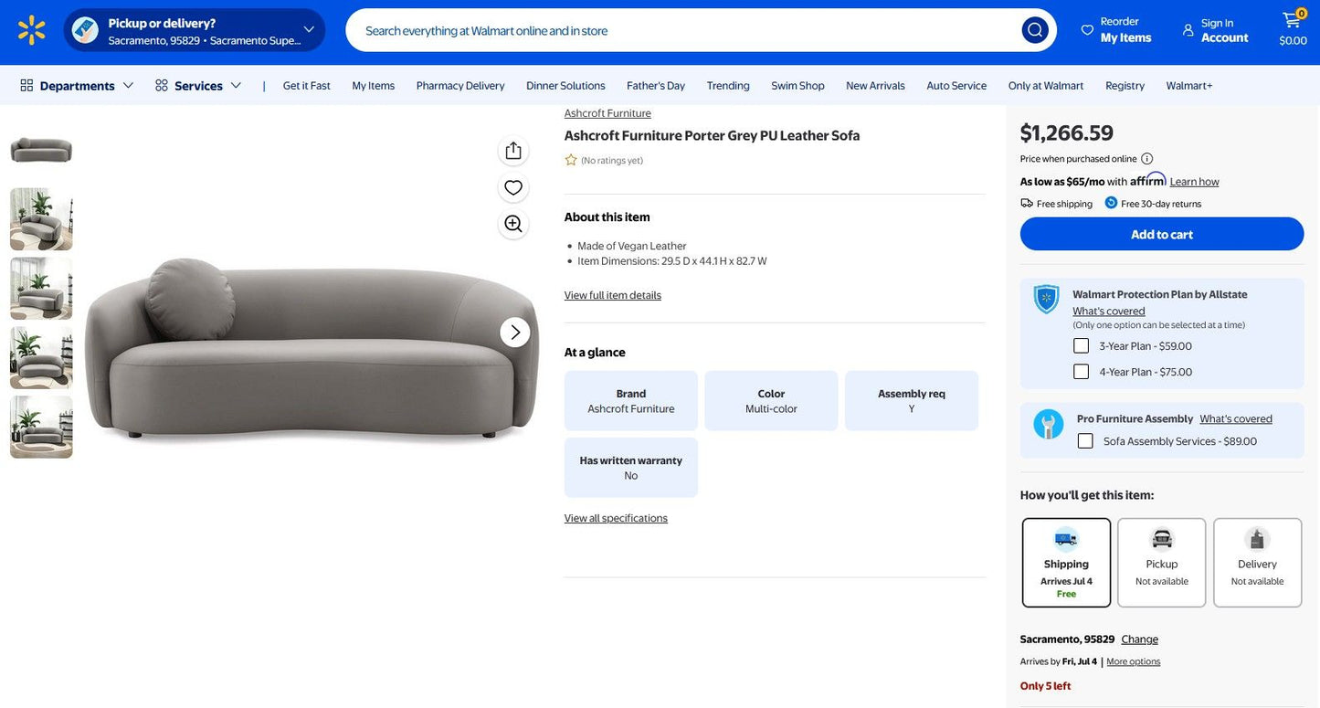 Screenshot of a Walmart product page for the Porter - Comfortable Sofa in grey PU leather by Ashcroft Furniture. Price: $1,266.59 with free shipping. Product details, assembly info, and buying options appear on the right side.