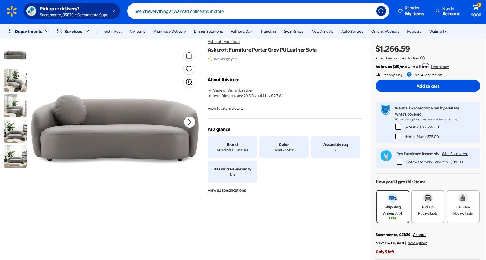 Screenshot of a Walmart product page for the Porter - Comfortable Sofa in grey PU leather by Ashcroft Furniture. Price: $1,266.59 with free shipping. Product details, assembly info, and buying options appear on the right side.
