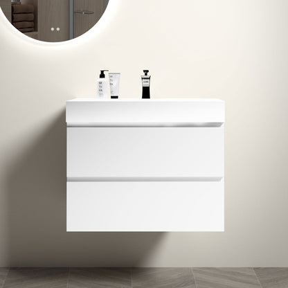 The Alice wall-mounted floating bathroom vanity features a modern, minimalist design with large storage and a one-piece sink basin (no drain or faucet), set against a light beige wall beneath a round illuminated mirror.