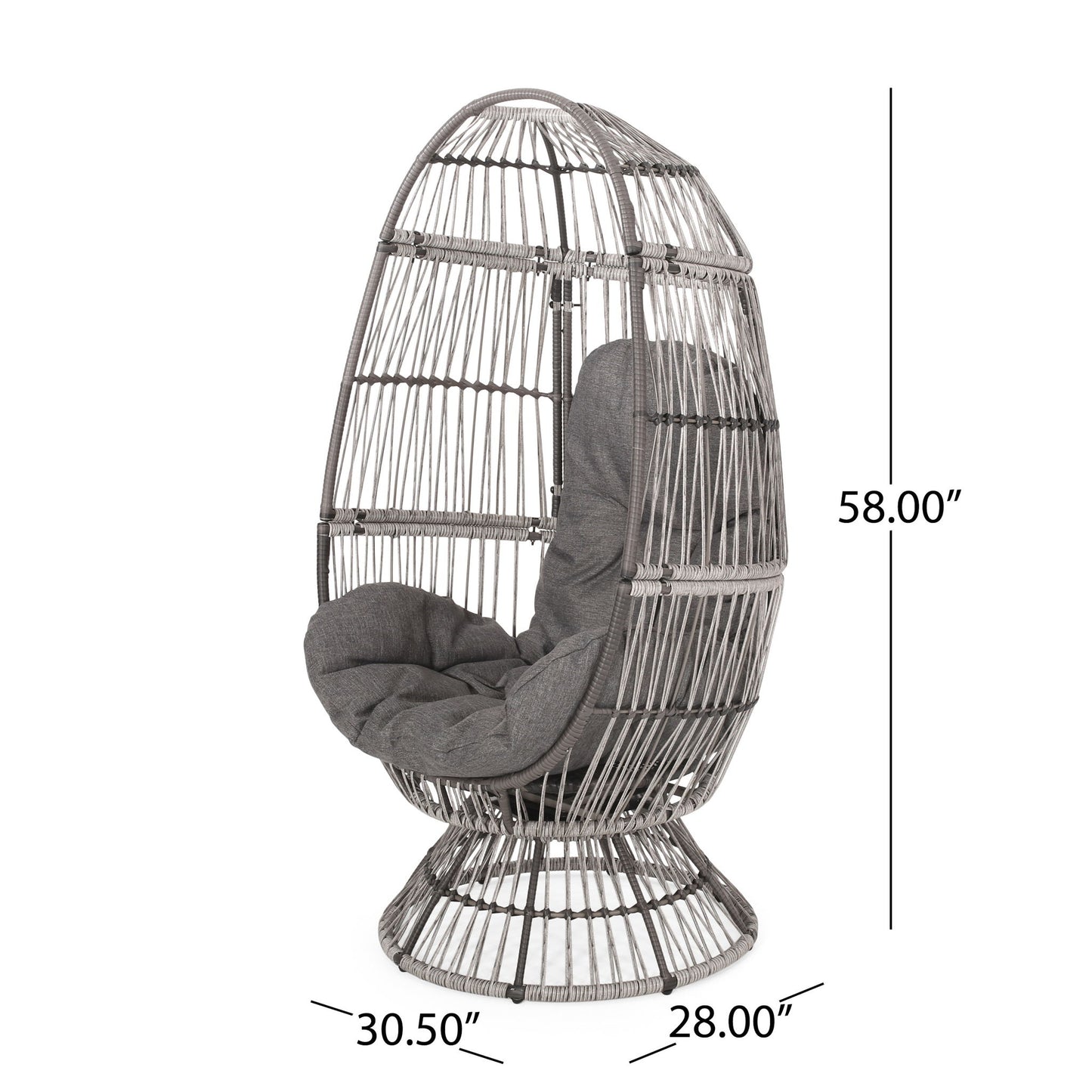 The Patio Swivel Basket Egg Chair With Cushion is a gray wicker, egg-shaped chair with a rounded base and thick gray cushion. It measures 58" high, 30.5" deep, and 28" wide.