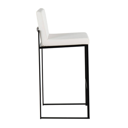 Side view of the Fuji - Contemporary High Back Barstool featuring a white cushioned seat and backrest on a minimalist black metal frame, set against a plain white background.