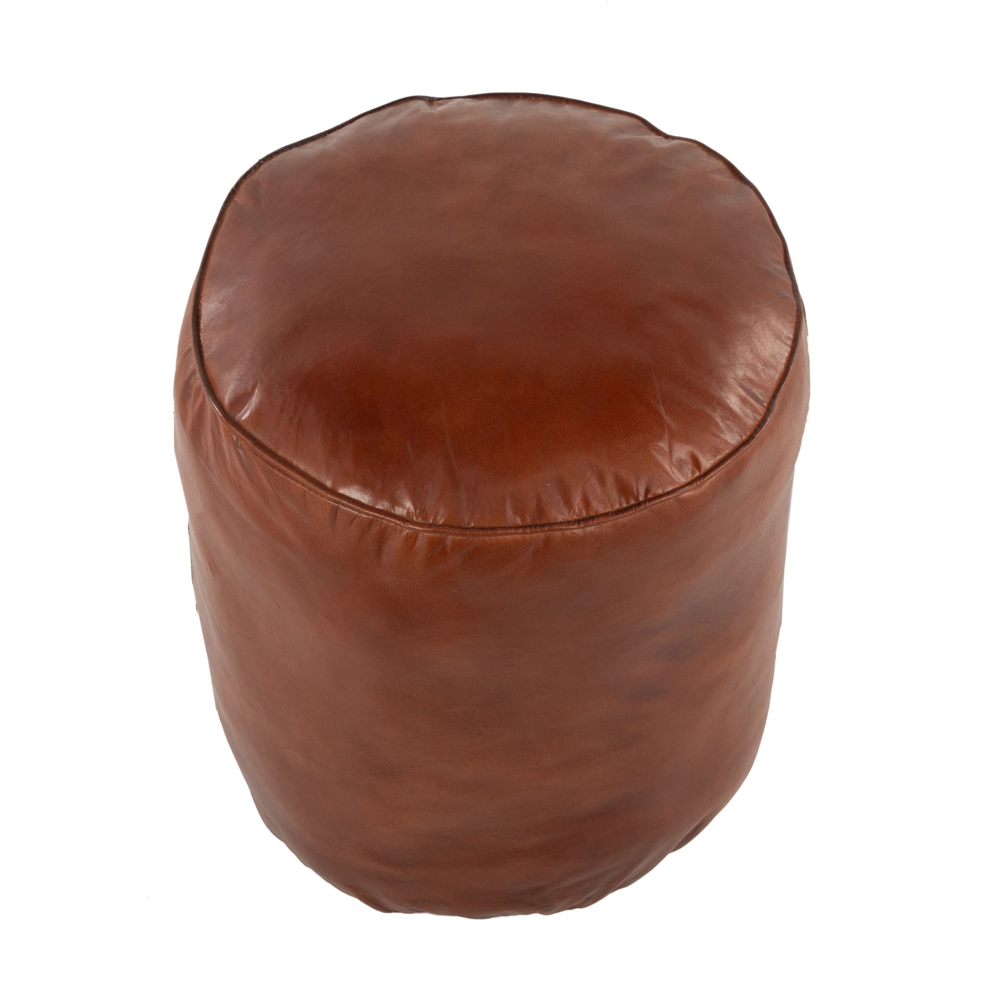 The Cobbler - Industrial High Quality Pouf in brown leather features visible stitching and a round design, shown from above on a white background.
