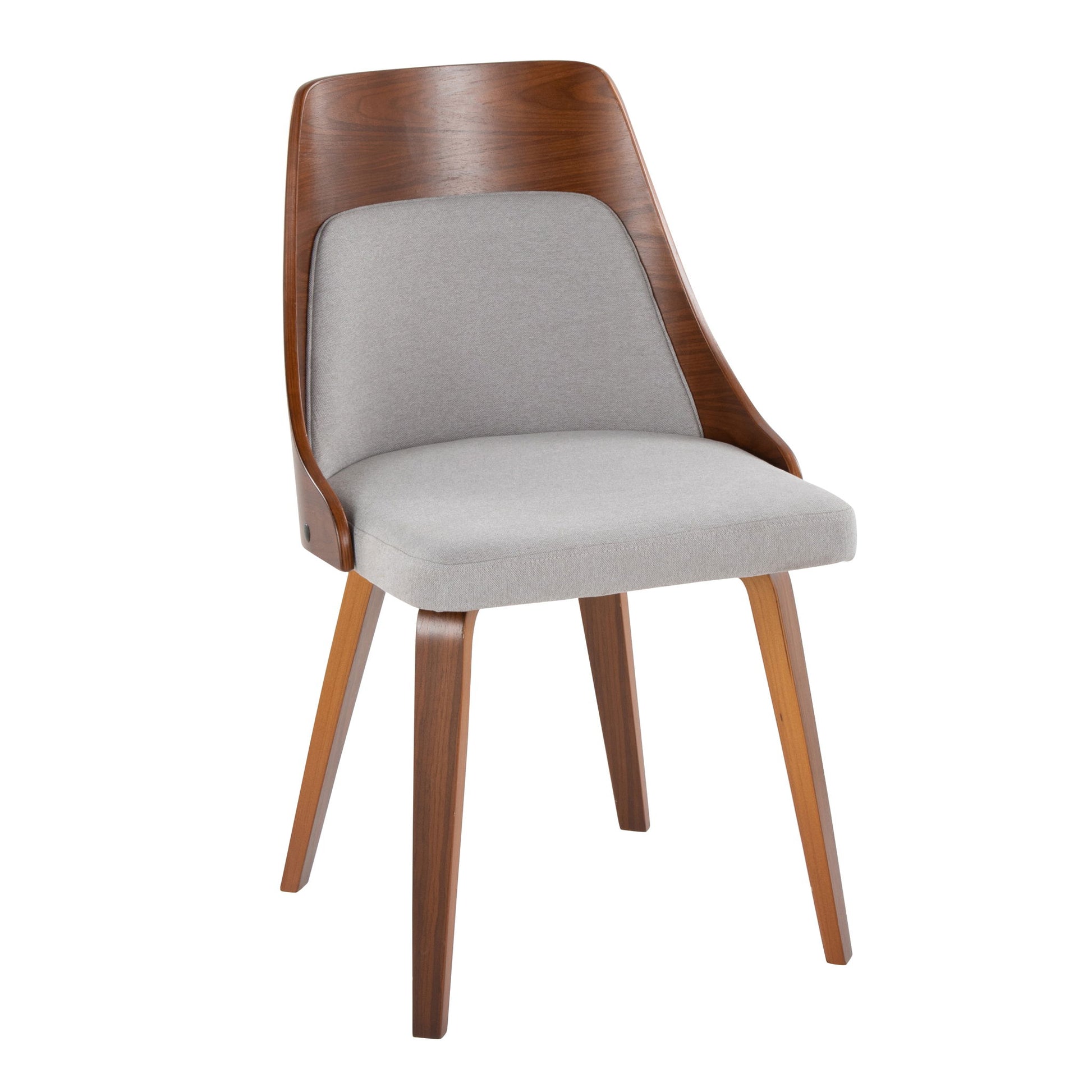 The Anabelle - Mid-Century Modern Dining Chair (Set of 2) features a curved wooden backrest, light gray upholstered seat and backpad, and four angled wooden legs.