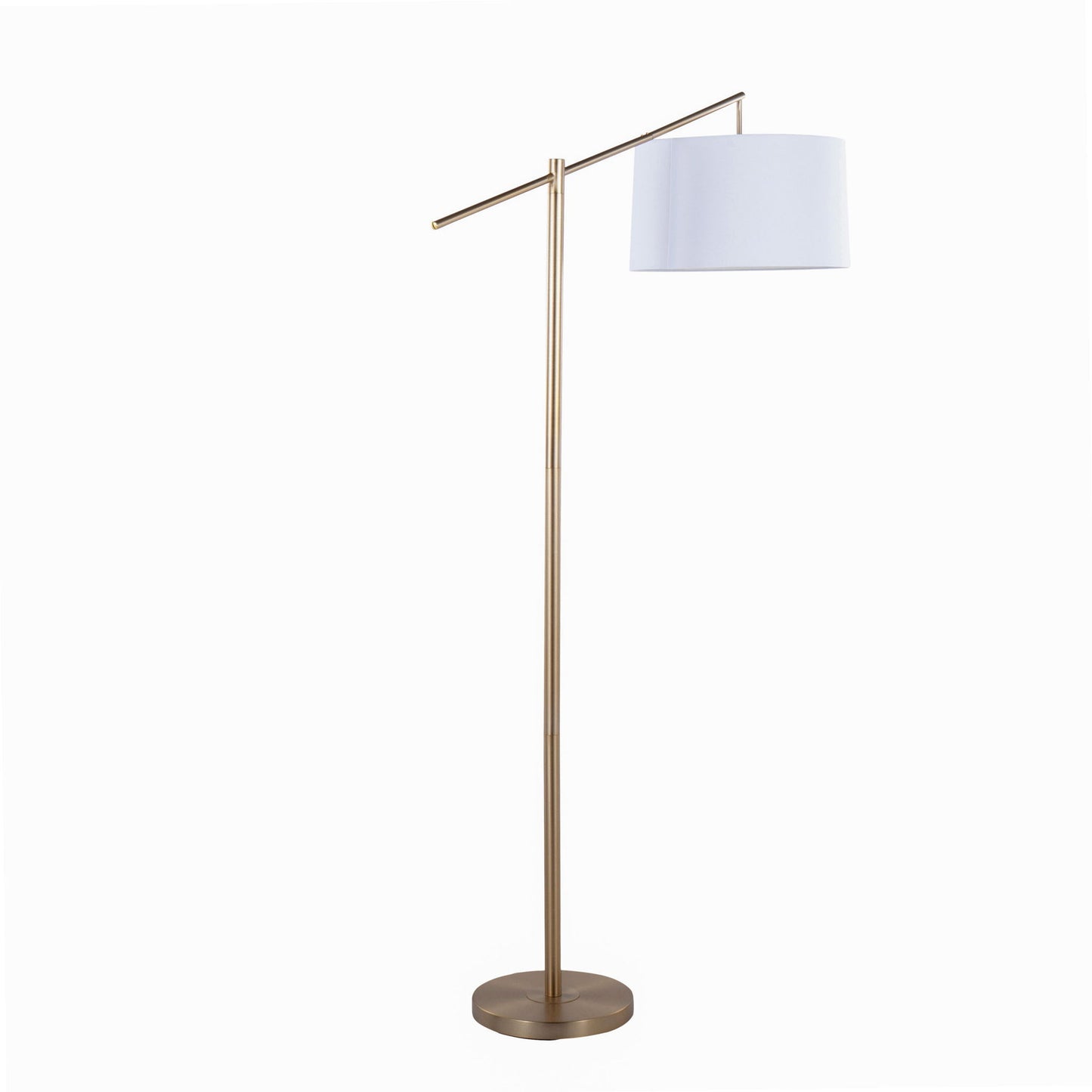 The Casper - Contemporary Floor Lamp features a slim gold metal stand with a horizontal arm supporting a white drum shade, shown against a plain white background.