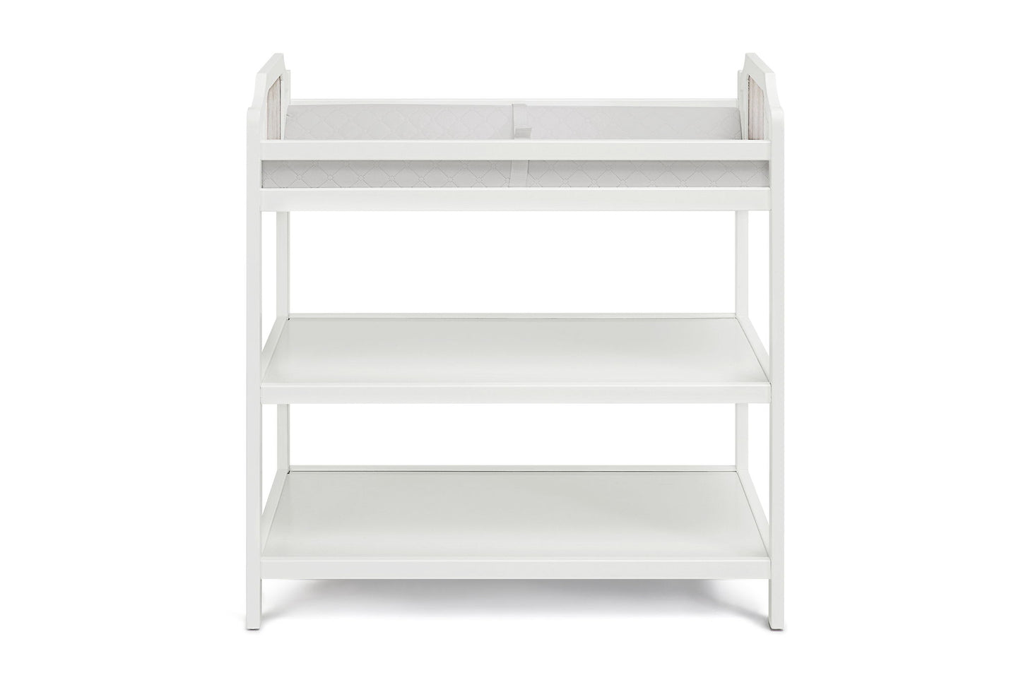 The Brees - Changing Table is a white wooden baby changing table with raised sides and two open storage shelves, displayed against a plain white background.