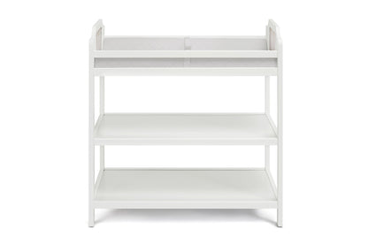The Brees - Changing Table is a white wooden baby changing table with raised sides and two open storage shelves, displayed against a plain white background.