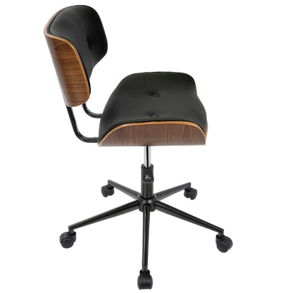 Side view of the Lombardi Mid Century Modern Adjustable Office Chair featuring a black cushioned seat and backrest, curved wooden sides, and a black metal base with five caster wheels.