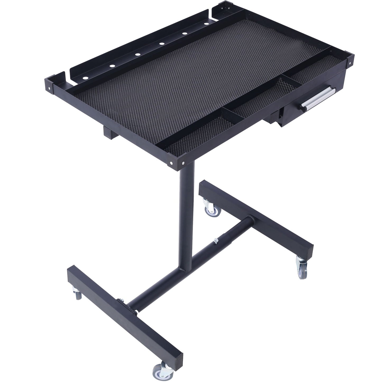 The Adjustable Tear Down Work Table features heavy-duty steel construction, a drawer, rubber corners, a sturdy base with four 2.5" swivel casters, and holds up to 220 lbs—perfect for garages, repair shops, and DIY use.