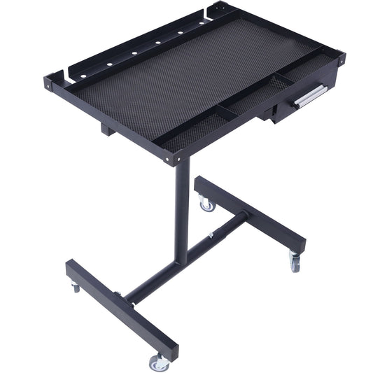 The Adjustable Tear Down Work Table features heavy-duty steel construction, a drawer, rubber corners, a sturdy base with four 2.5" swivel casters, and holds up to 220 lbs—perfect for garages, repair shops, and DIY use.