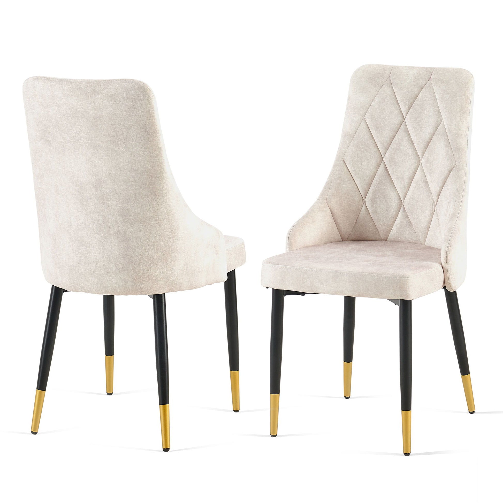 Set of two modern Dining Chairs Living Room Chair Modern Kitchen Armless Side Chair With Metal Legs, featuring light beige upholstery, diamond-pattern stitched backrests, and black legs with gold tips. One chair is facing forward; the other shows the back.