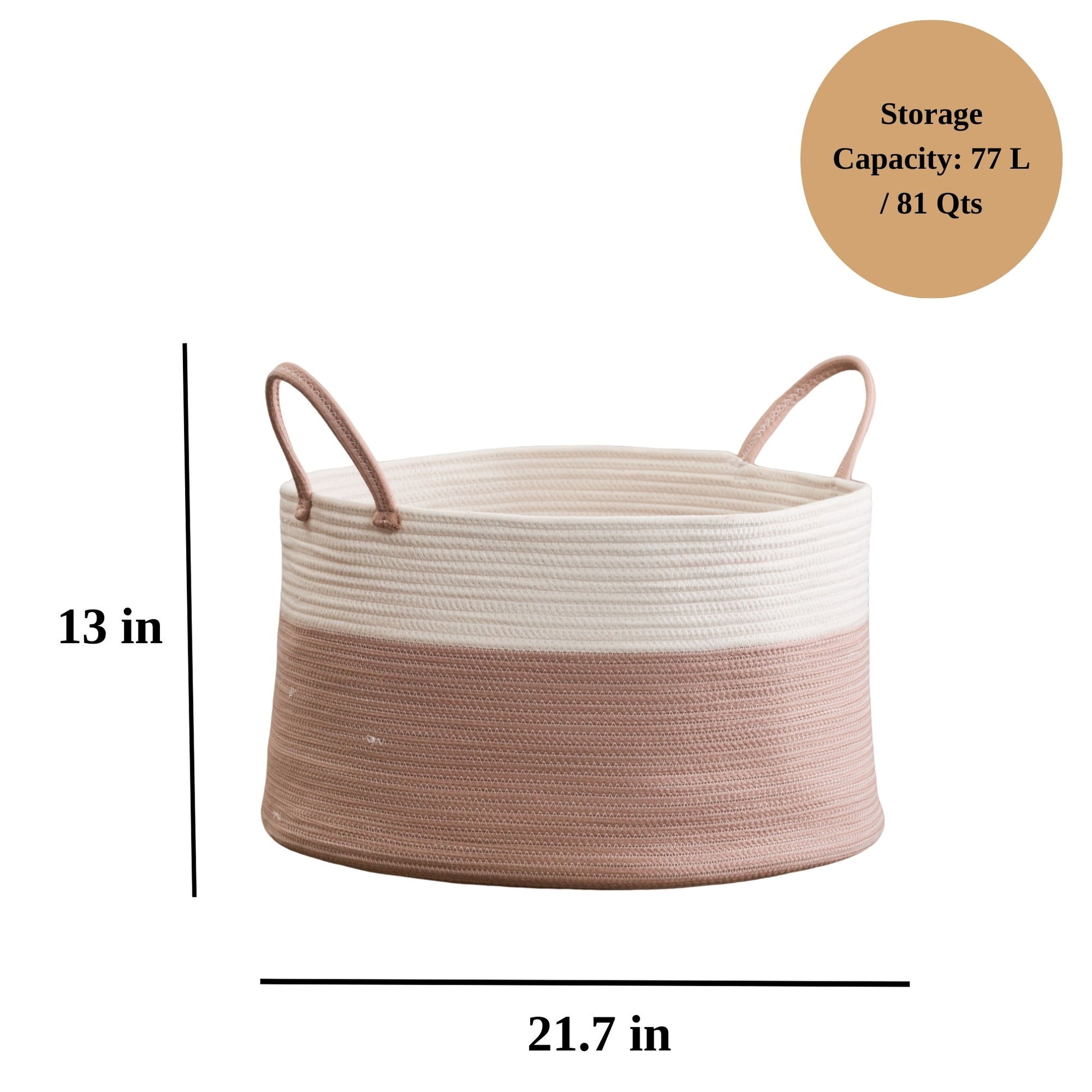 The Francis Cotton Round Laundry and Storage Basket features a beige and light brown color block design, sturdy handles, measures 13" tall by 21.7" wide, and offers a spacious 77L (81 qt) storage capacity.