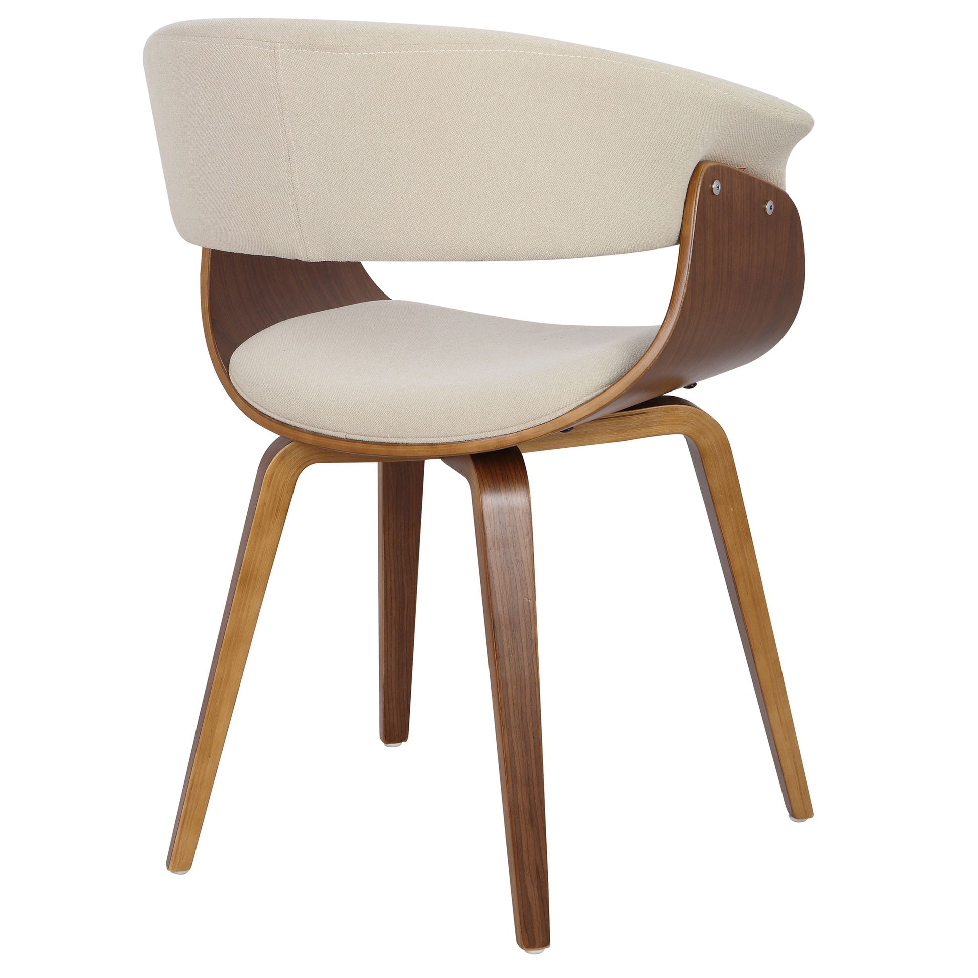 The Vintage Mod - Mid Century Modern Dining Chair (Set of 2) features a curved wooden backrest and legs, upholstered in light beige fabric. Its minimalist design and smooth, rounded lines showcase a stylish mid-century modern aesthetic.