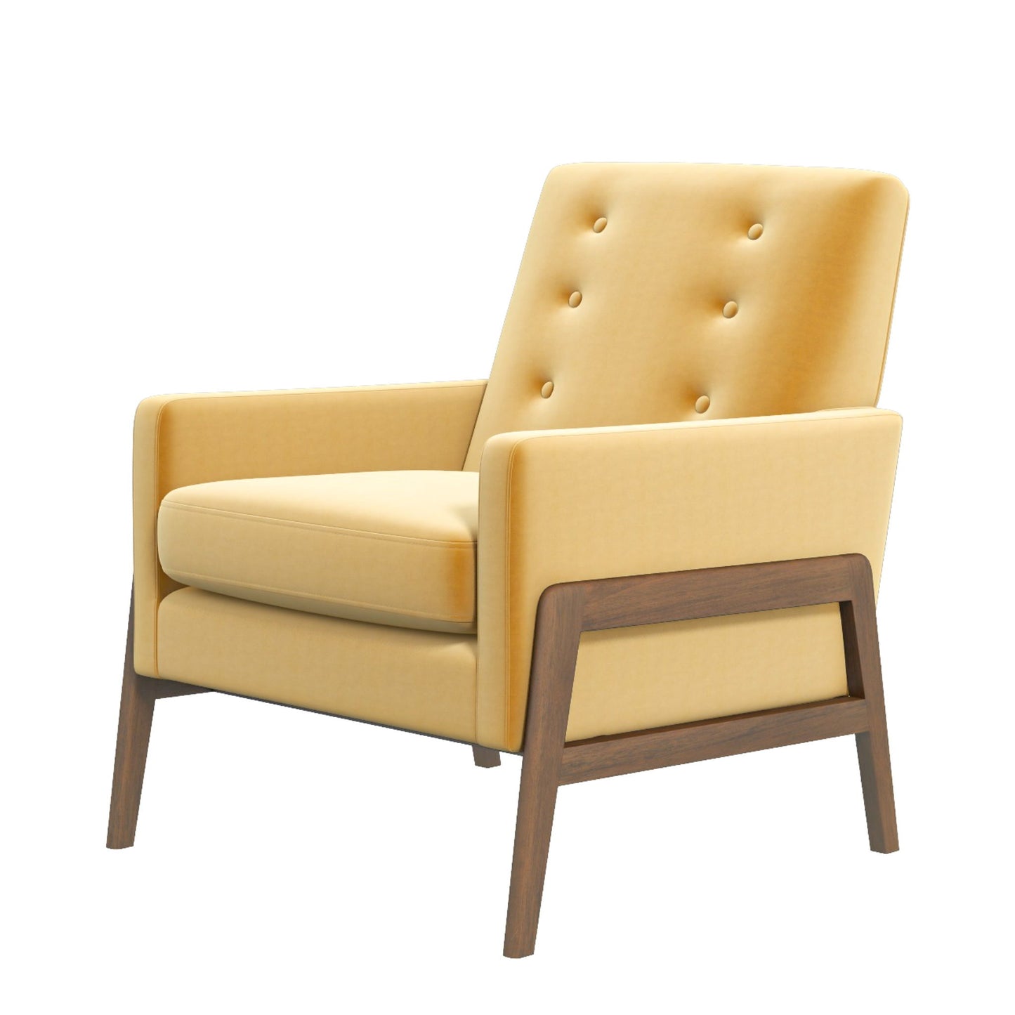 The Cole Solid Wood Lounge Chair features mustard yellow upholstery, a button-tufted backrest, and angled wooden legs and frame in a stylish mid-century modern design, displayed against a white background.
