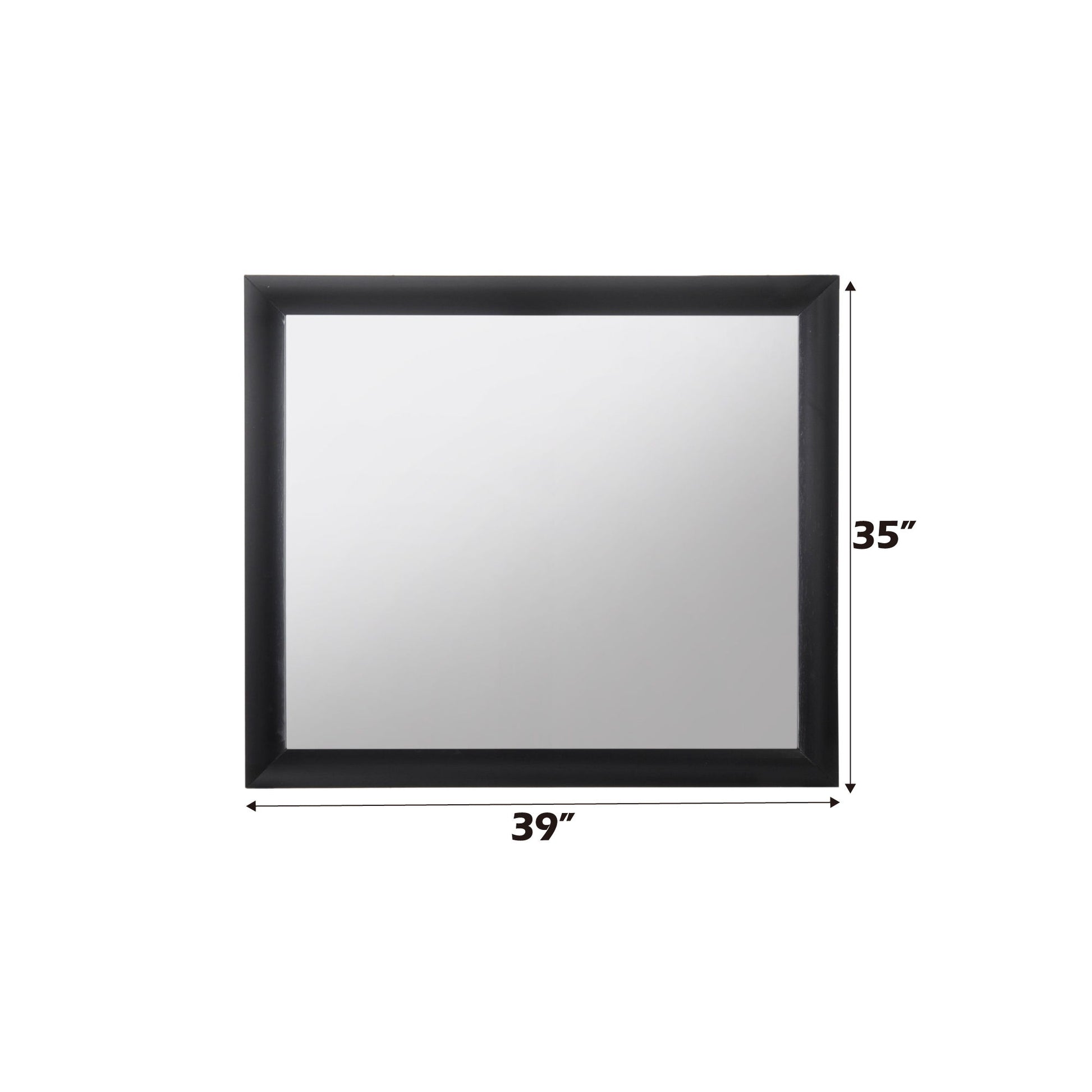 The Ireland - Contemporary Design Mirror features a square shape with a black frame, measuring 39" wide by 35" tall. Displayed against a white background.