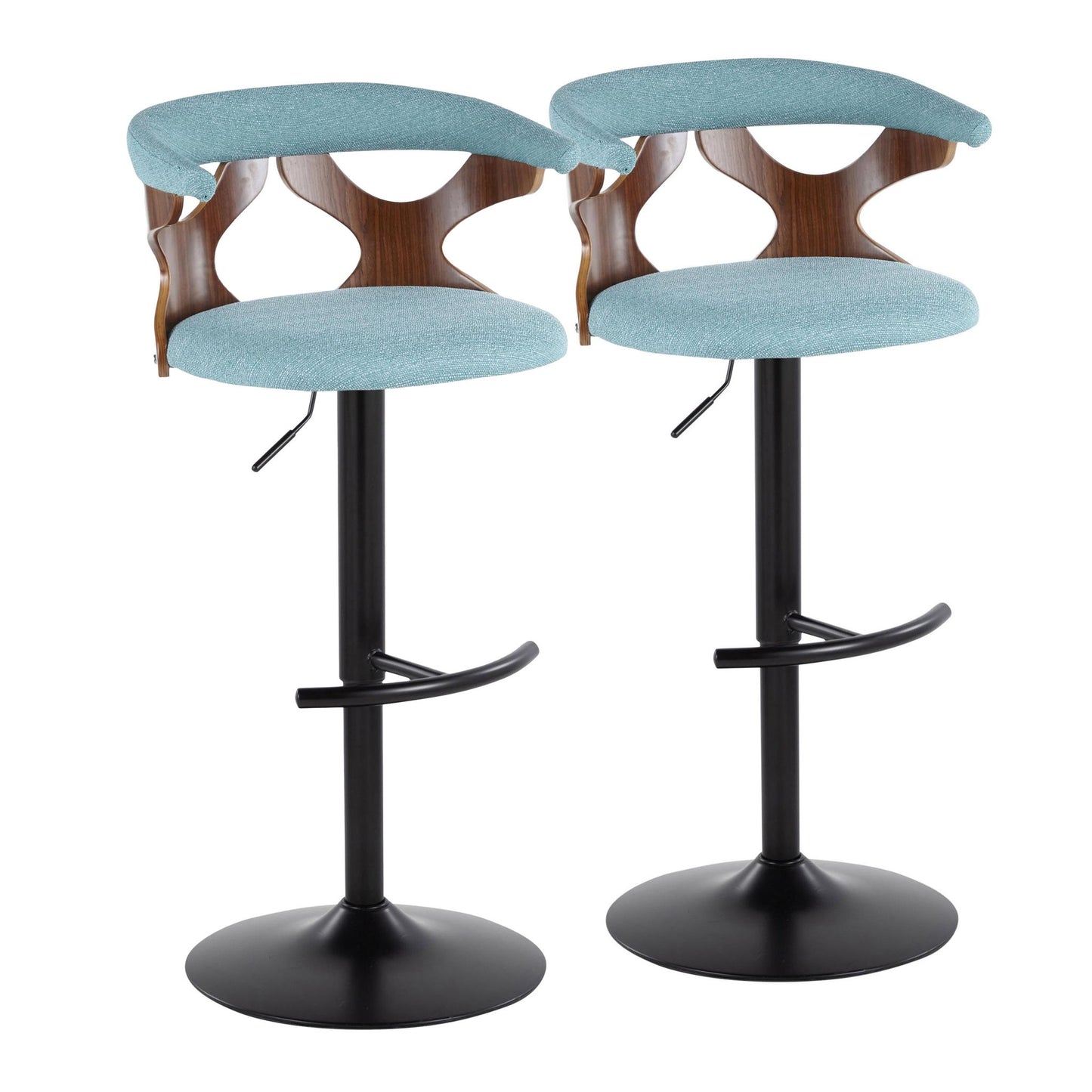 The Gardenia Contemporary Adjustable Barstool set includes two swivel barstools with light blue cushioned seats, wood accents, black metal pedestal bases, and rounded T footrests—shown against a white background.