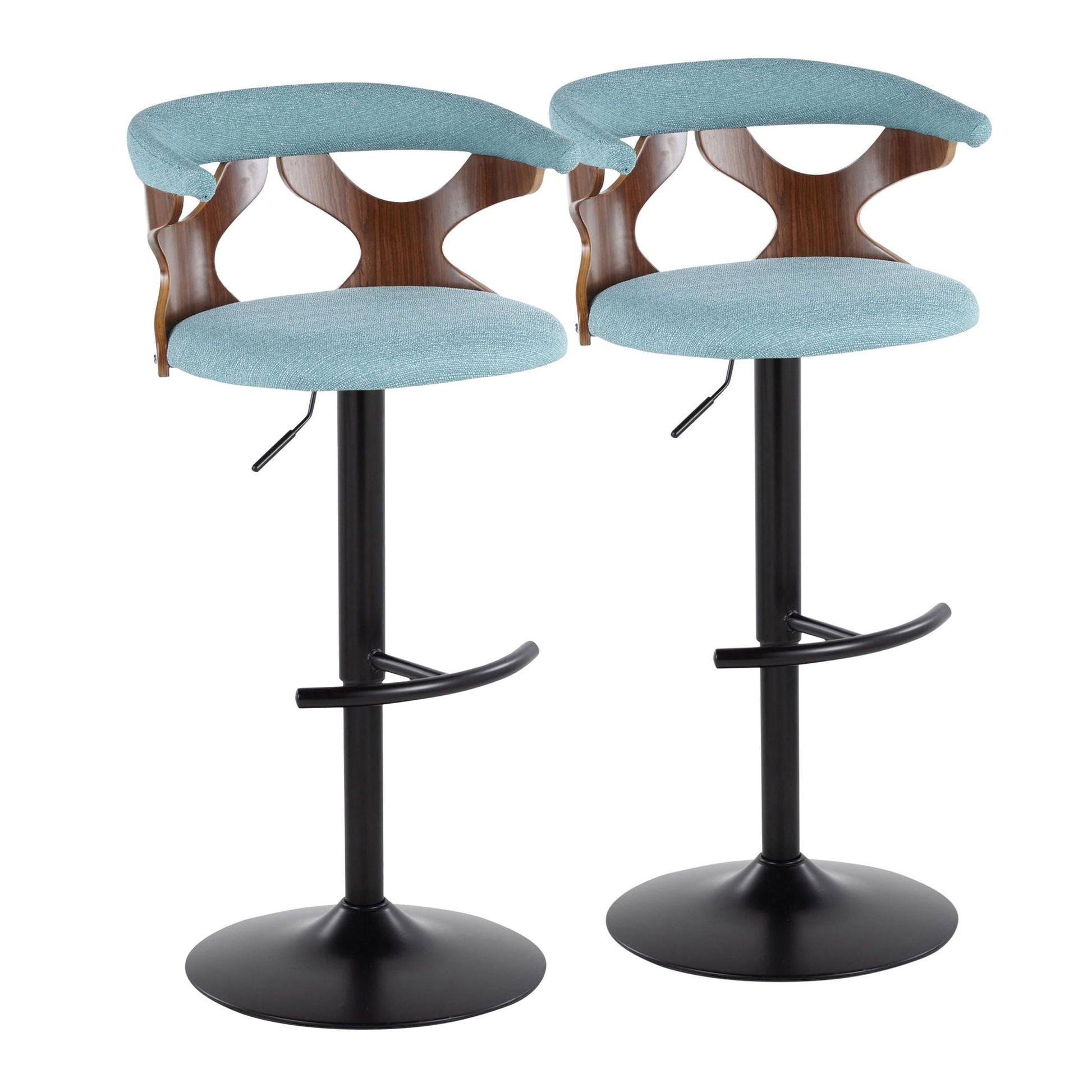 The Gardenia Contemporary Adjustable Barstool set includes two swivel barstools with light blue cushioned seats, wood accents, black metal pedestal bases, and rounded T footrests—shown against a white background.