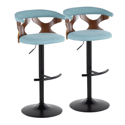 The Gardenia Contemporary Adjustable Barstool set includes two swivel barstools with light blue cushioned seats, wood accents, black metal pedestal bases, and rounded T footrests—shown against a white background.