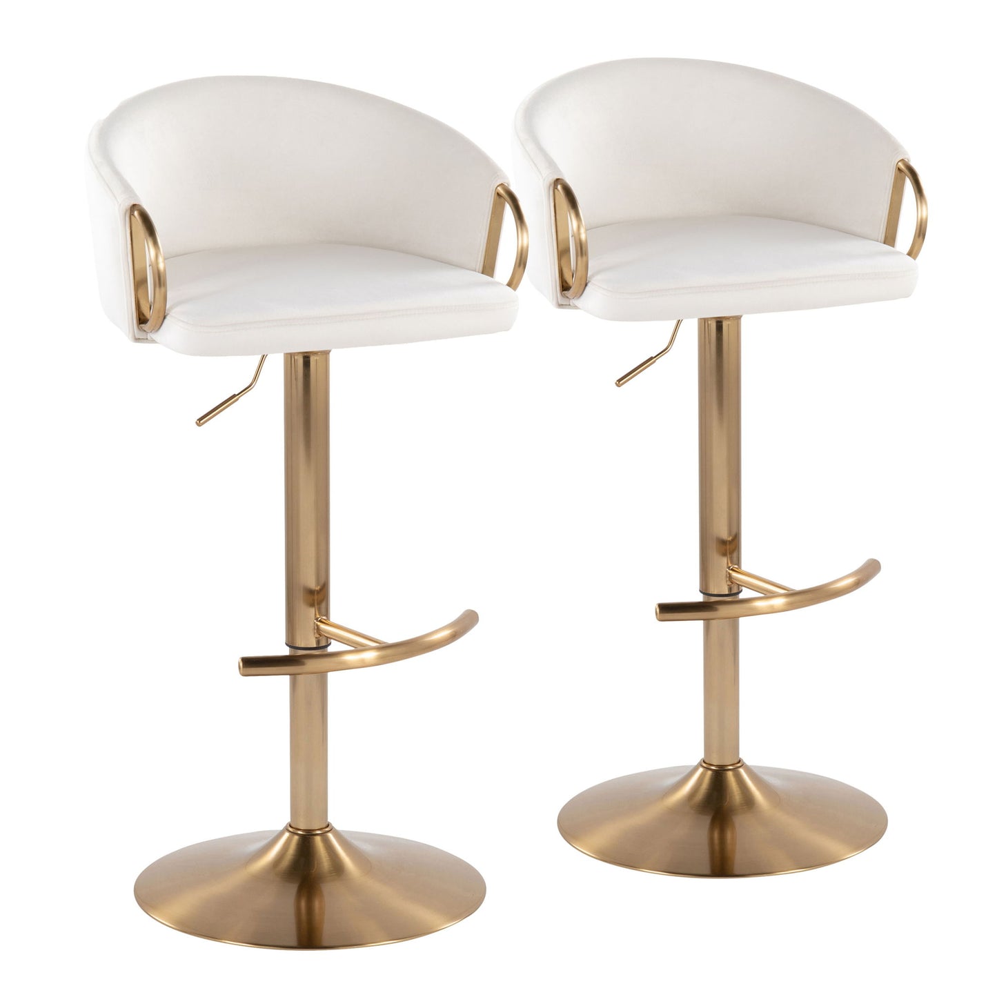 The Claire Contemporary/Glam Adjustable Bar Stools (Set of 2) feature white cushioned seats, curved backrests, gold metal bases and footrests, and height-adjustable levers.