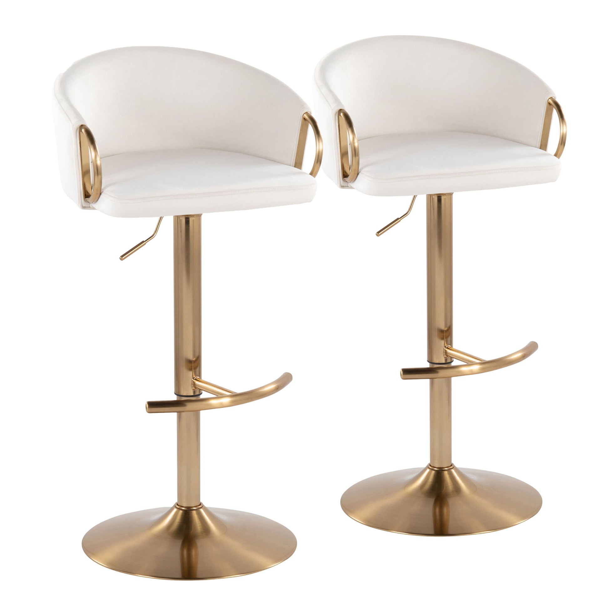The Claire Contemporary/Glam Adjustable Bar Stools (Set of 2) feature white cushioned seats, curved backrests, gold metal bases and footrests, and height-adjustable levers.