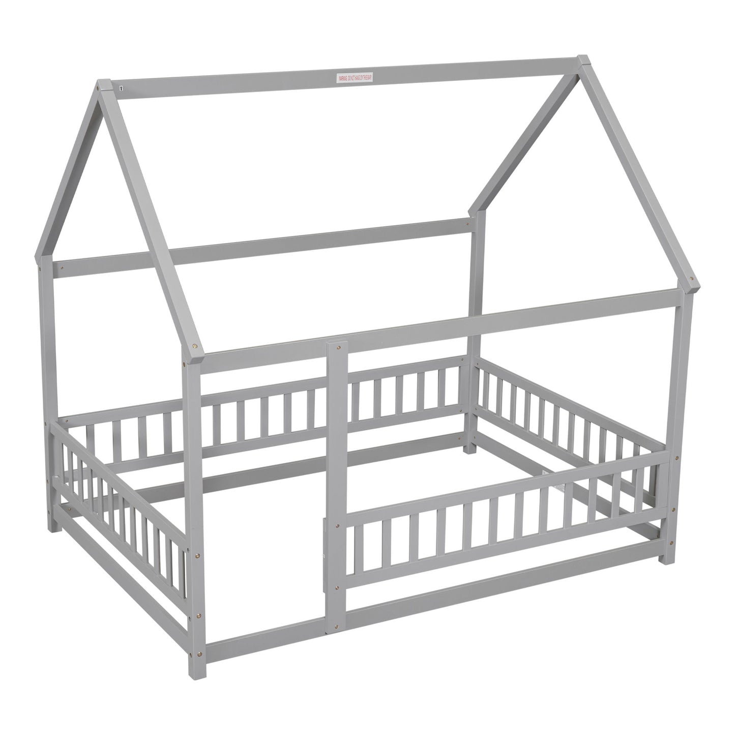 The Floor Wooden Bed With House Roof Frame and Fence Guardrails is a gray wooden bed designed like a small house, featuring a peaked roof and open sides with vertical slats.