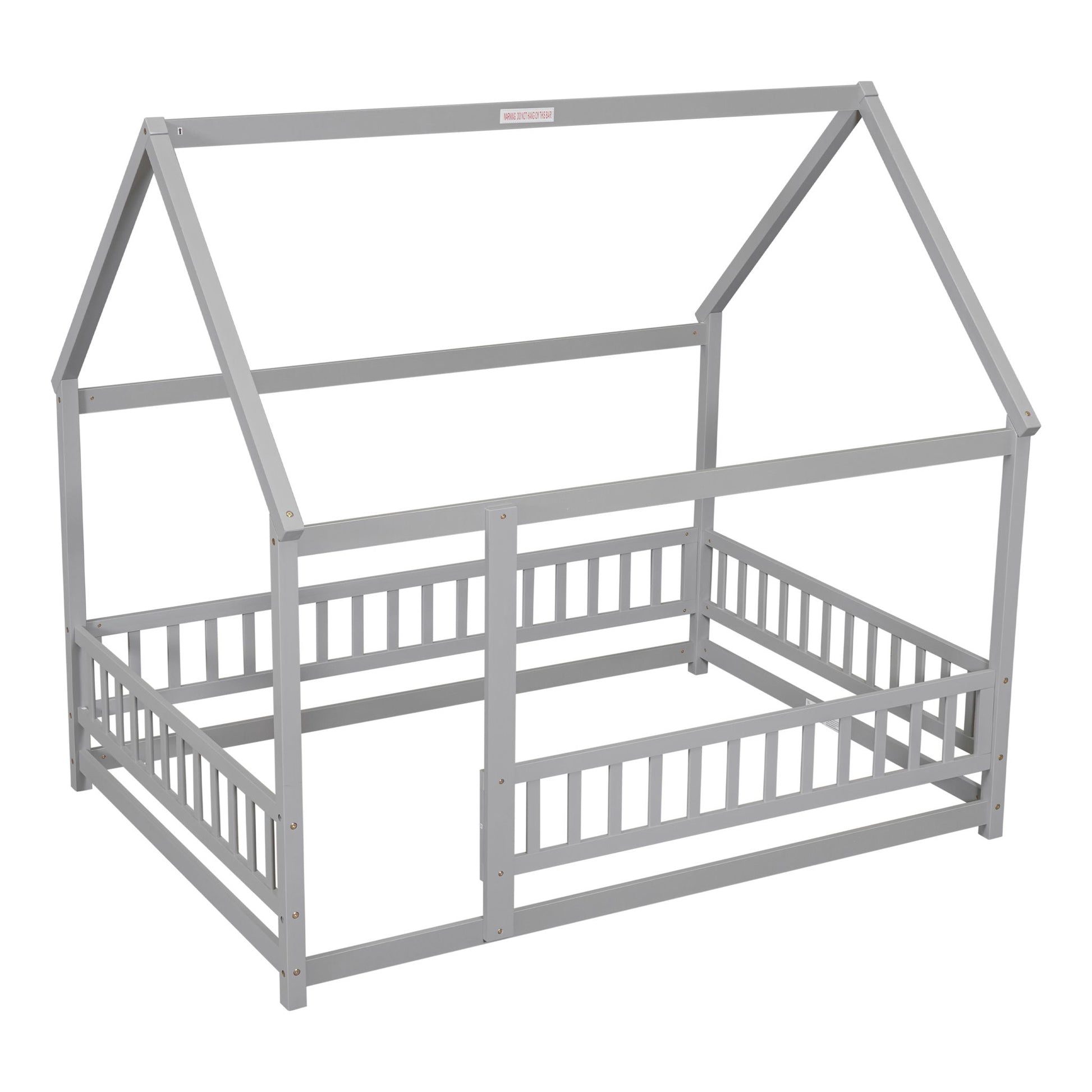 The Floor Wooden Bed With House Roof Frame and Fence Guardrails is a gray wooden bed designed like a small house, featuring a peaked roof and open sides with vertical slats.
