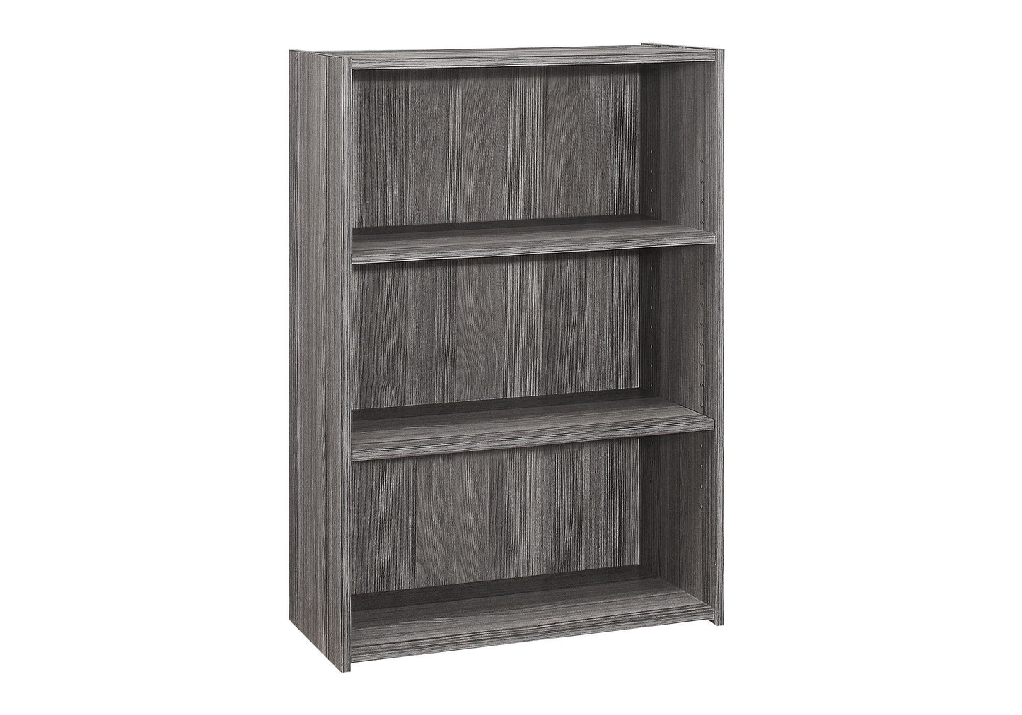 A gray, four-tier wooden bookcase with a simple, modern design, ideal for office use and shown empty against a white background.