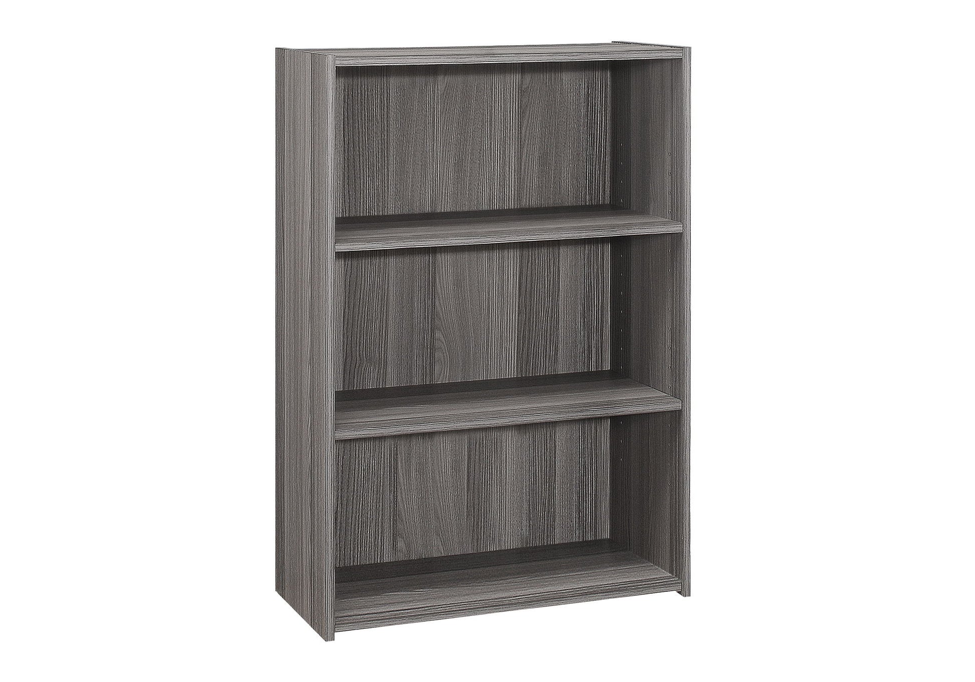 A gray, four-tier wooden bookcase with a simple, modern design, ideal for office use and shown empty against a white background.