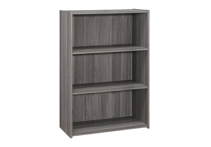 A gray, four-tier wooden bookcase with a simple, modern design, ideal for office use and shown empty against a white background.