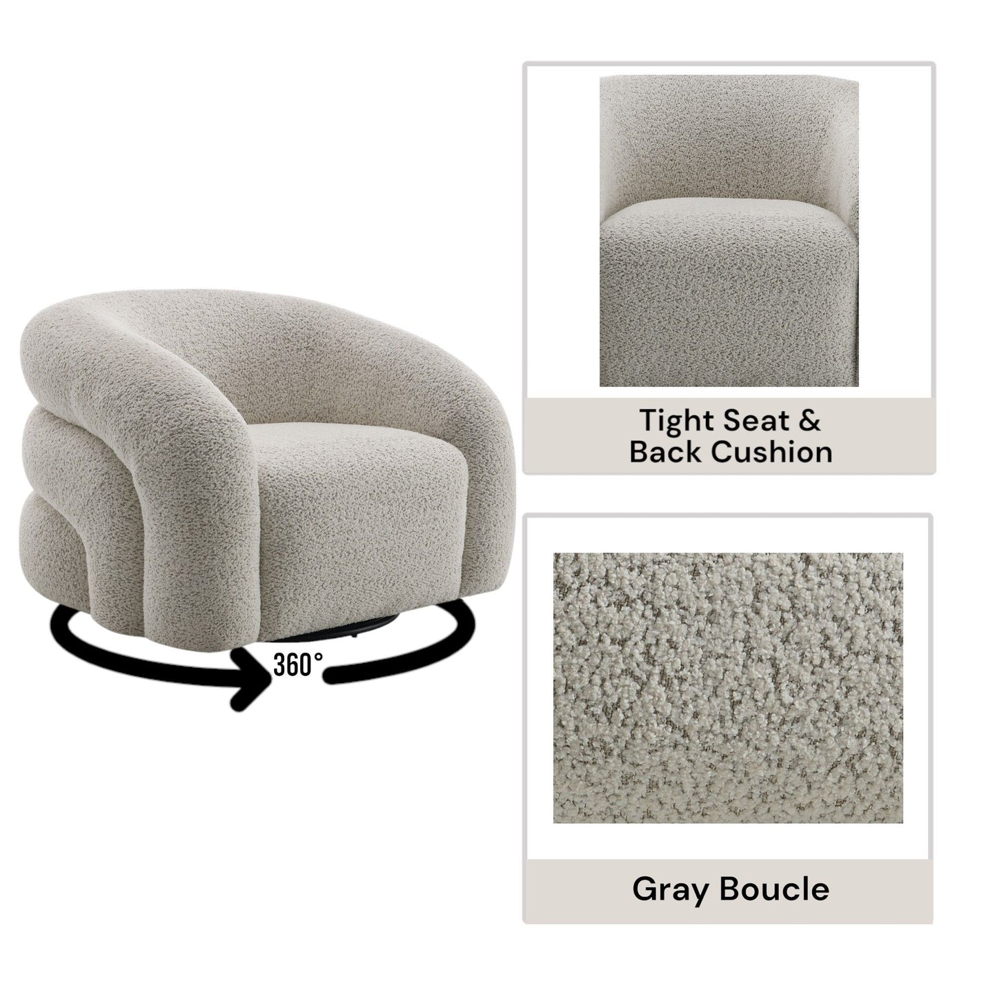 The Irma Chair With Swivel in gray features modern design, a tight seat and back cushion, and 360-degree rotation. Insets display a close-up of the textured boucle fabric and a front view of the chair.