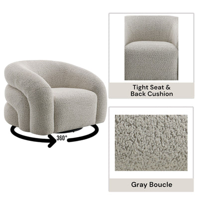 The Irma Chair With Swivel in gray features modern design, a tight seat and back cushion, and 360-degree rotation. Insets display a close-up of the textured boucle fabric and a front view of the chair.