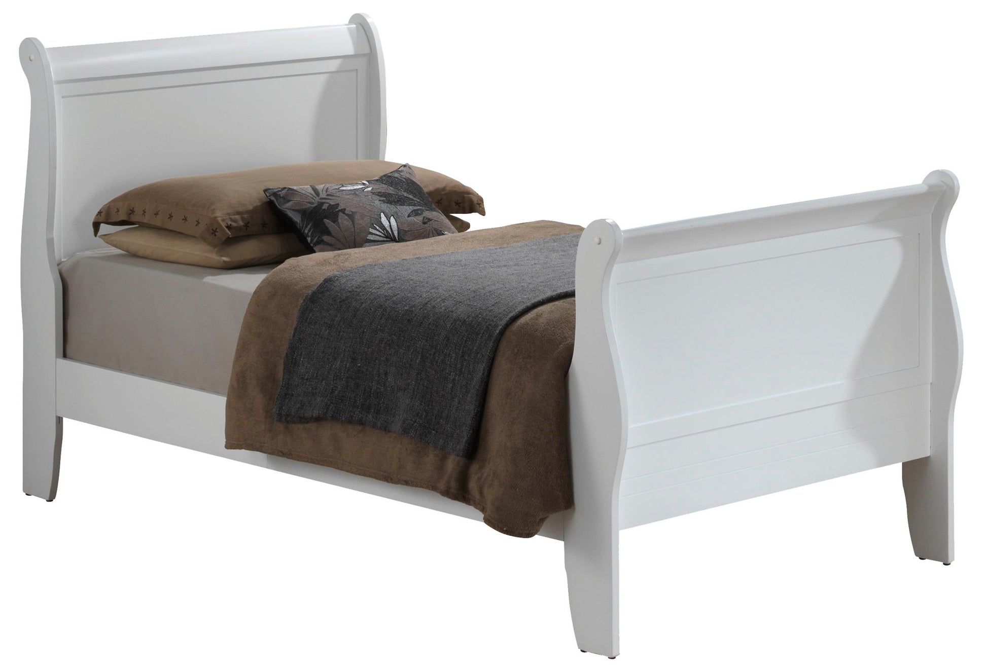 A Panel Sleigh Bed with brown bedding, a grey throw blanket, and two decorative pillows—one brown, one patterned—on top.