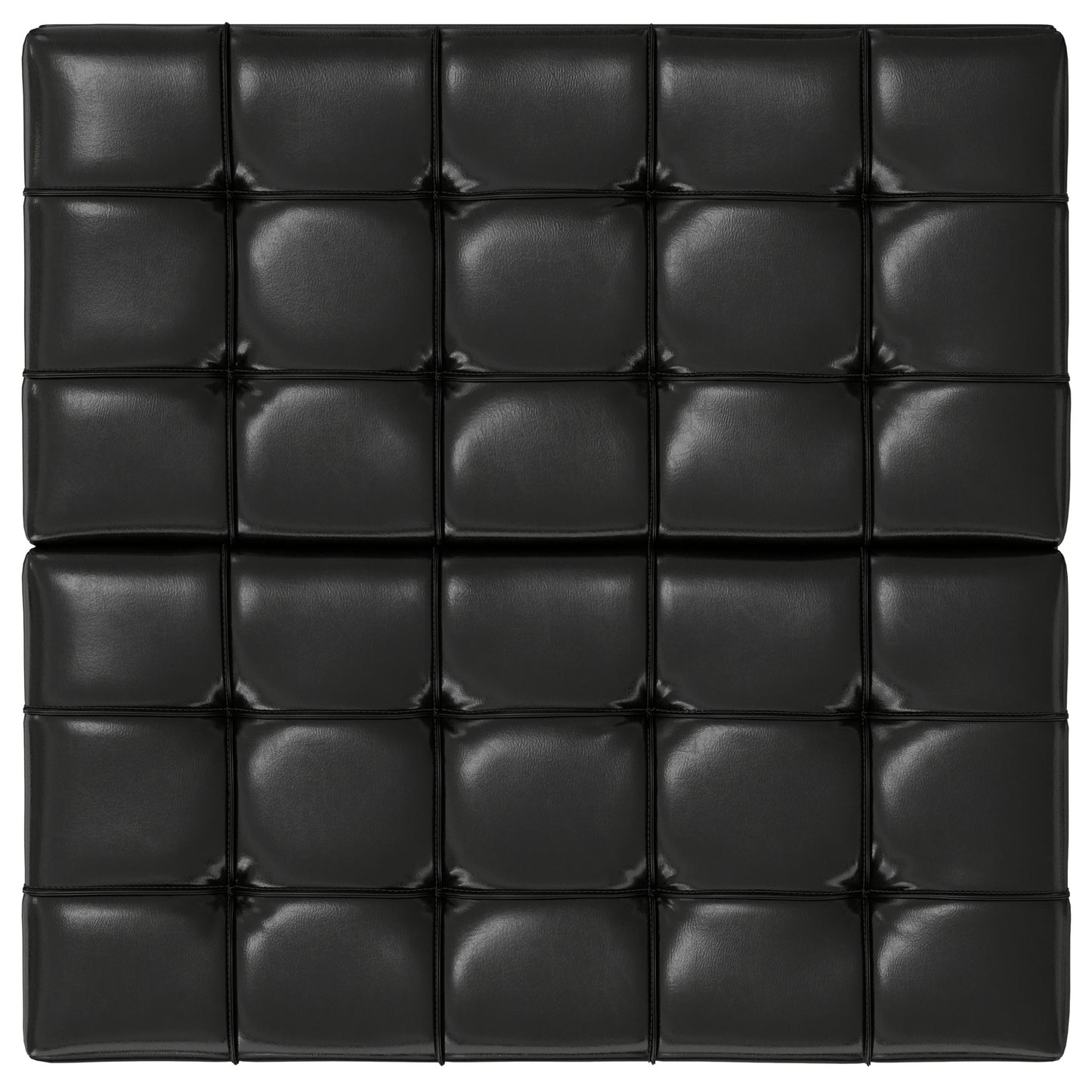 The Harrison Upholstered Coffee Table Storage Ottoman features a square black tufted leather cushion with a 5x4 grid of quilted sections, each with visible seams and center indentations.