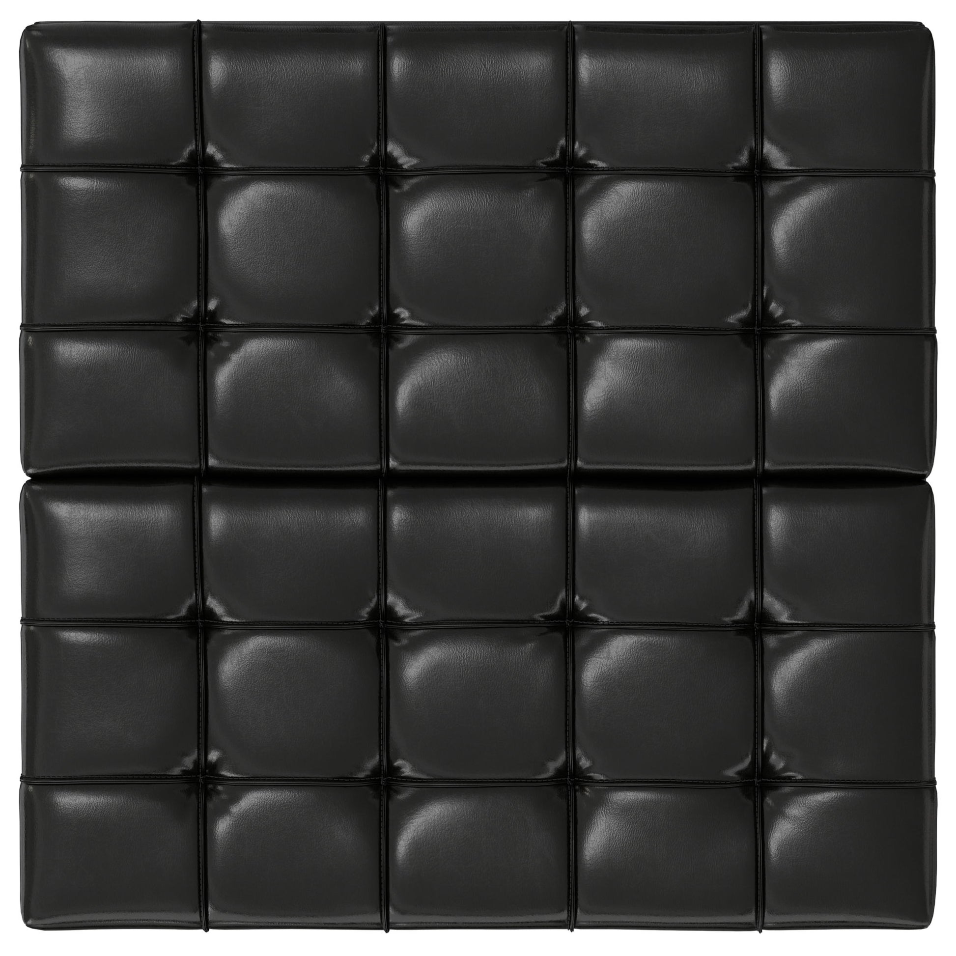 The Harrison Upholstered Coffee Table Storage Ottoman features a square black tufted leather cushion with a 5x4 grid of quilted sections, each with visible seams and center indentations.