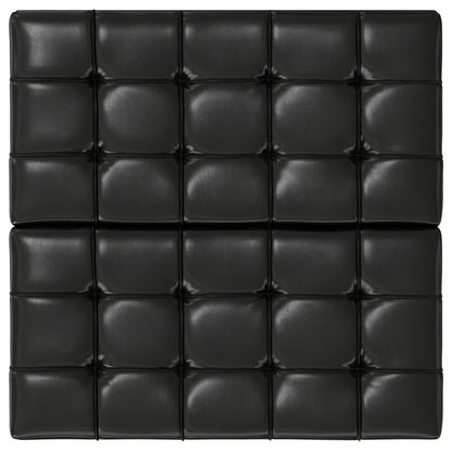 The Harrison Upholstered Coffee Table Storage Ottoman features a square black tufted leather cushion with a 5x4 grid of quilted sections, each with visible seams and center indentations.