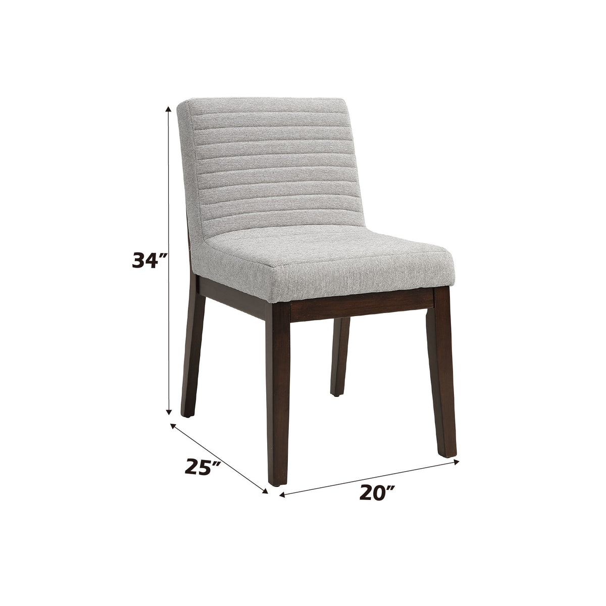 The Edwyn Linen Side Chair (Set of 2) in gray features modern upholstery, horizontal backrest stitching, dark wooden legs, and measures 34"H x 25"D x 20"W.