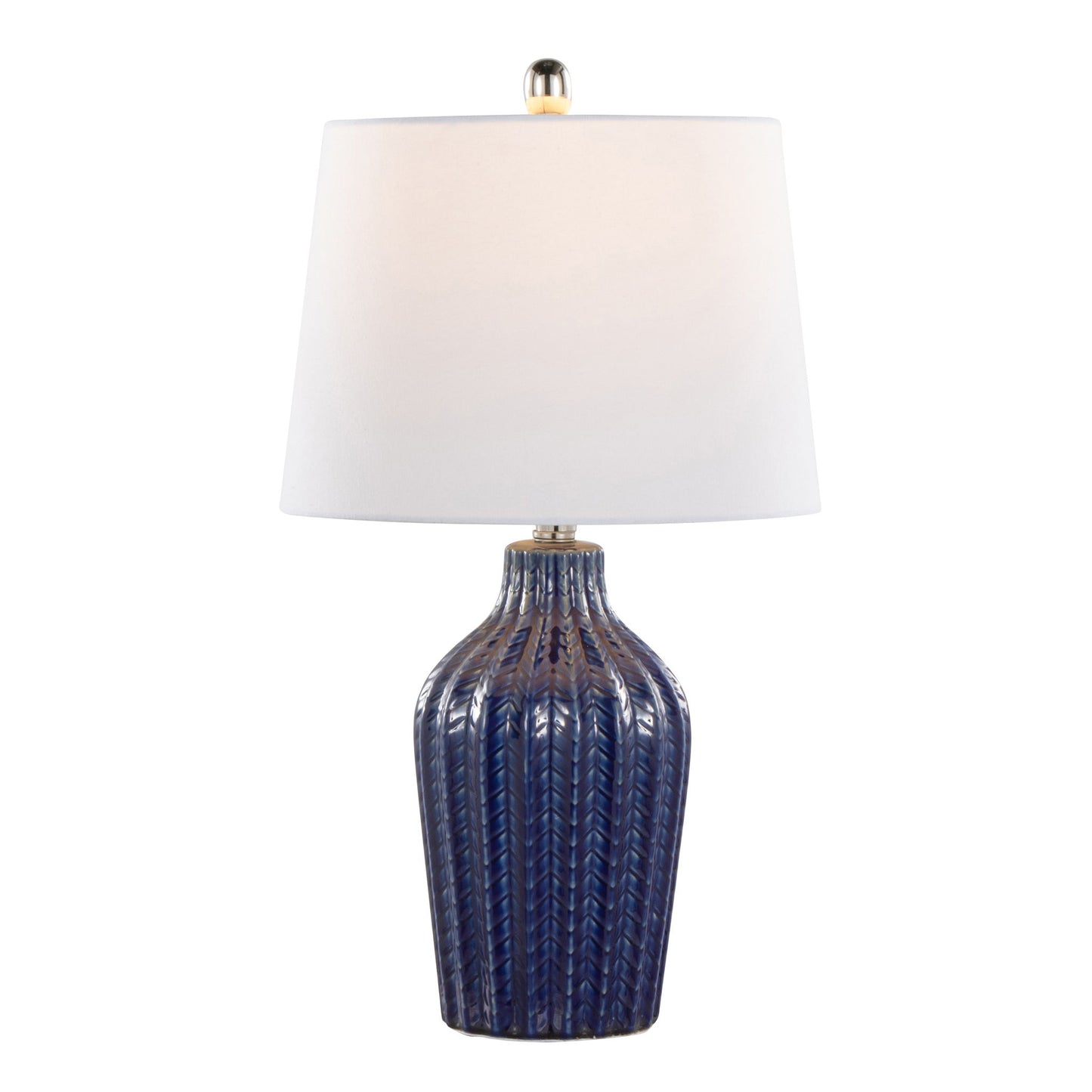 The Rockwell - Contemporary Table Lamp (Set of 2) features a textured dark blue ceramic base, white slightly tapered fabric shade, and a metallic finial on top.
