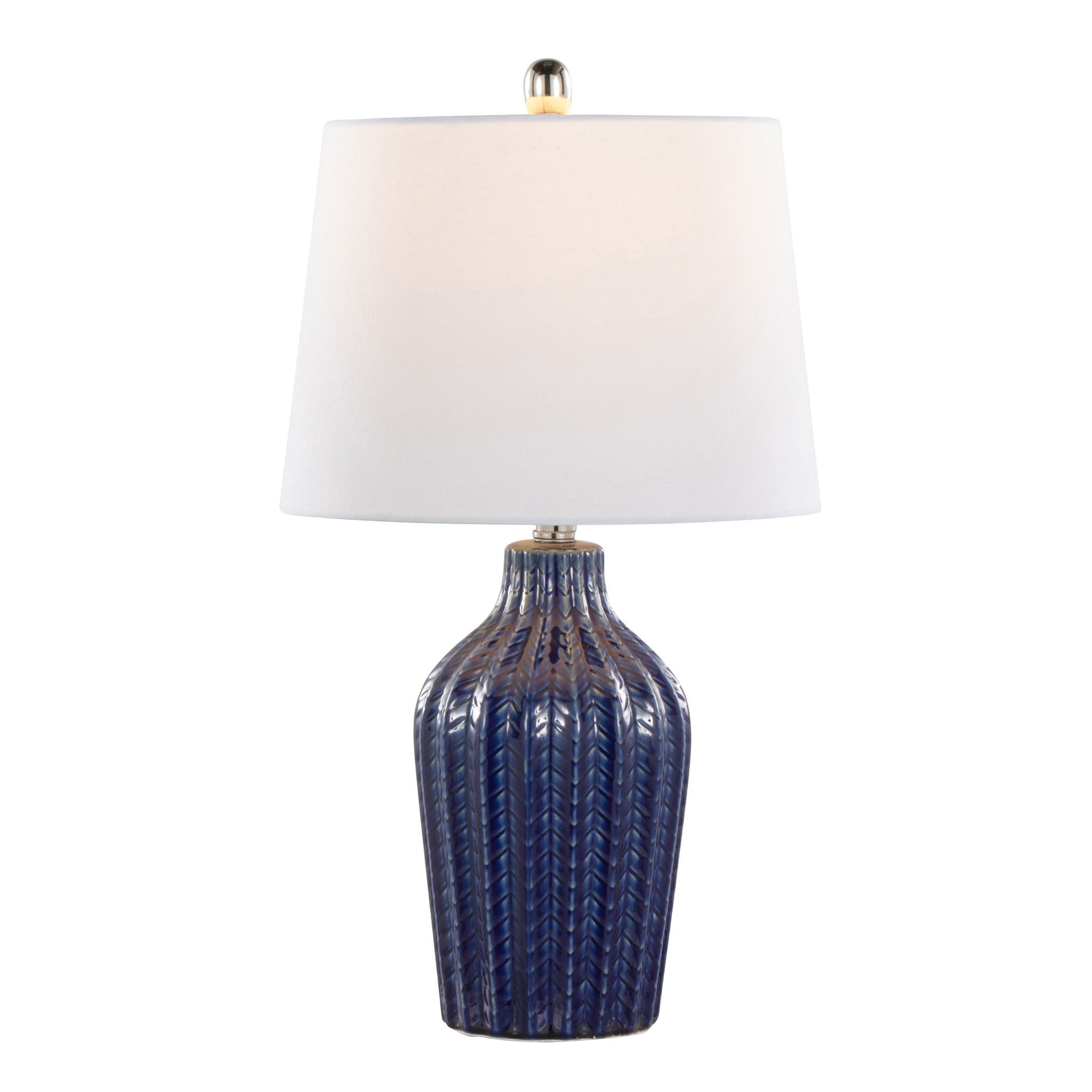 The Rockwell - Contemporary Table Lamp (Set of 2) features a textured dark blue ceramic base, white slightly tapered fabric shade, and a metallic finial on top.