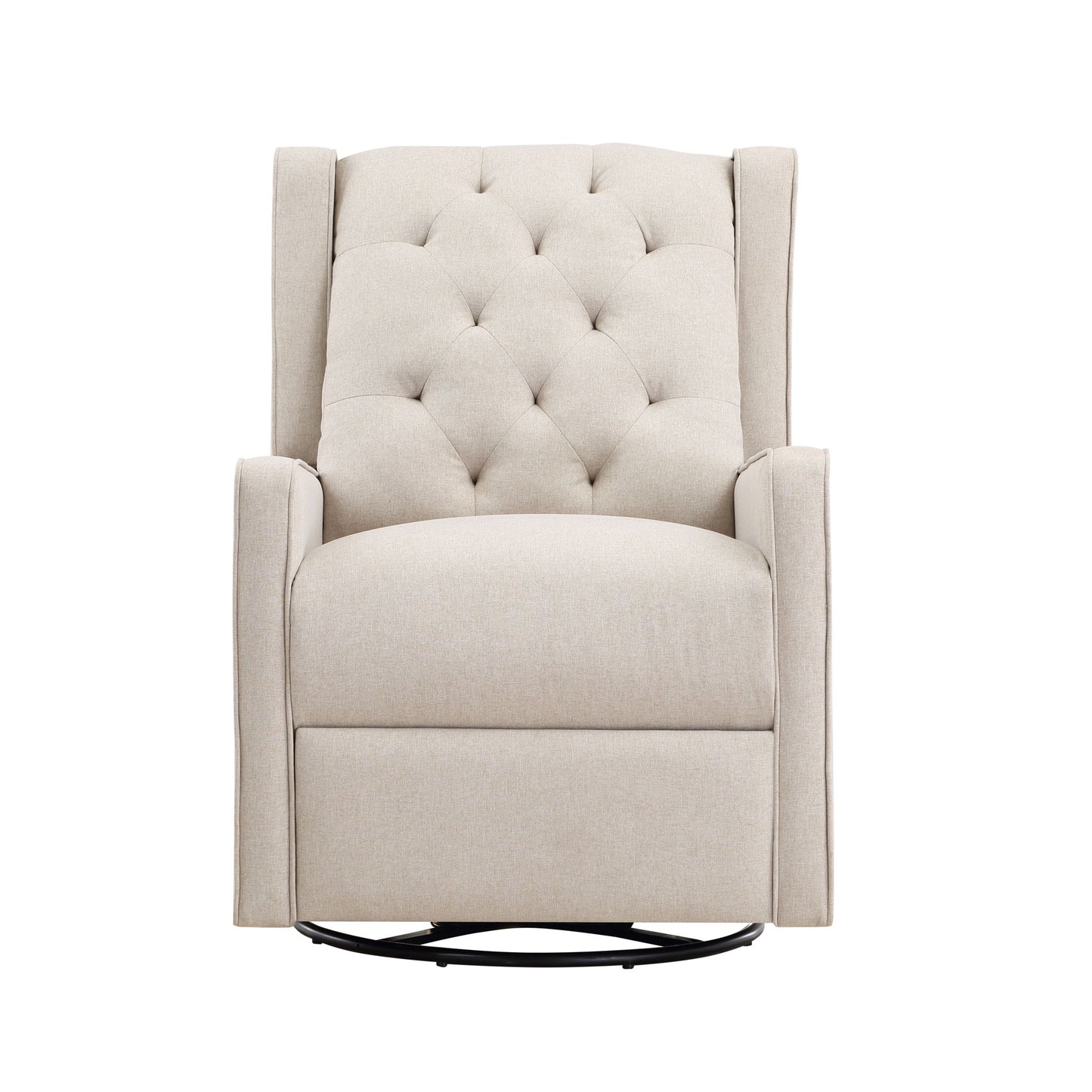 Front view of the Milah Gliding Swivel Recliner Tufted in beige upholstery, featuring a tufted backrest, slim armrests, and a round swivel base, set against a white background.