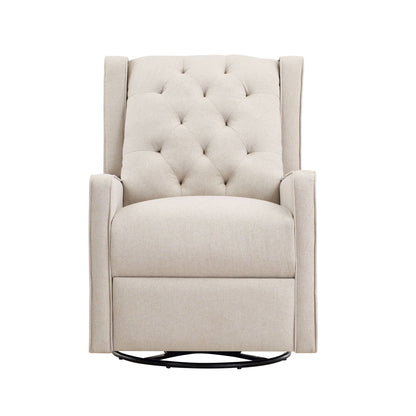 Front view of the Milah Gliding Swivel Recliner Tufted in beige upholstery, featuring a tufted backrest, slim armrests, and a round swivel base, set against a white background.