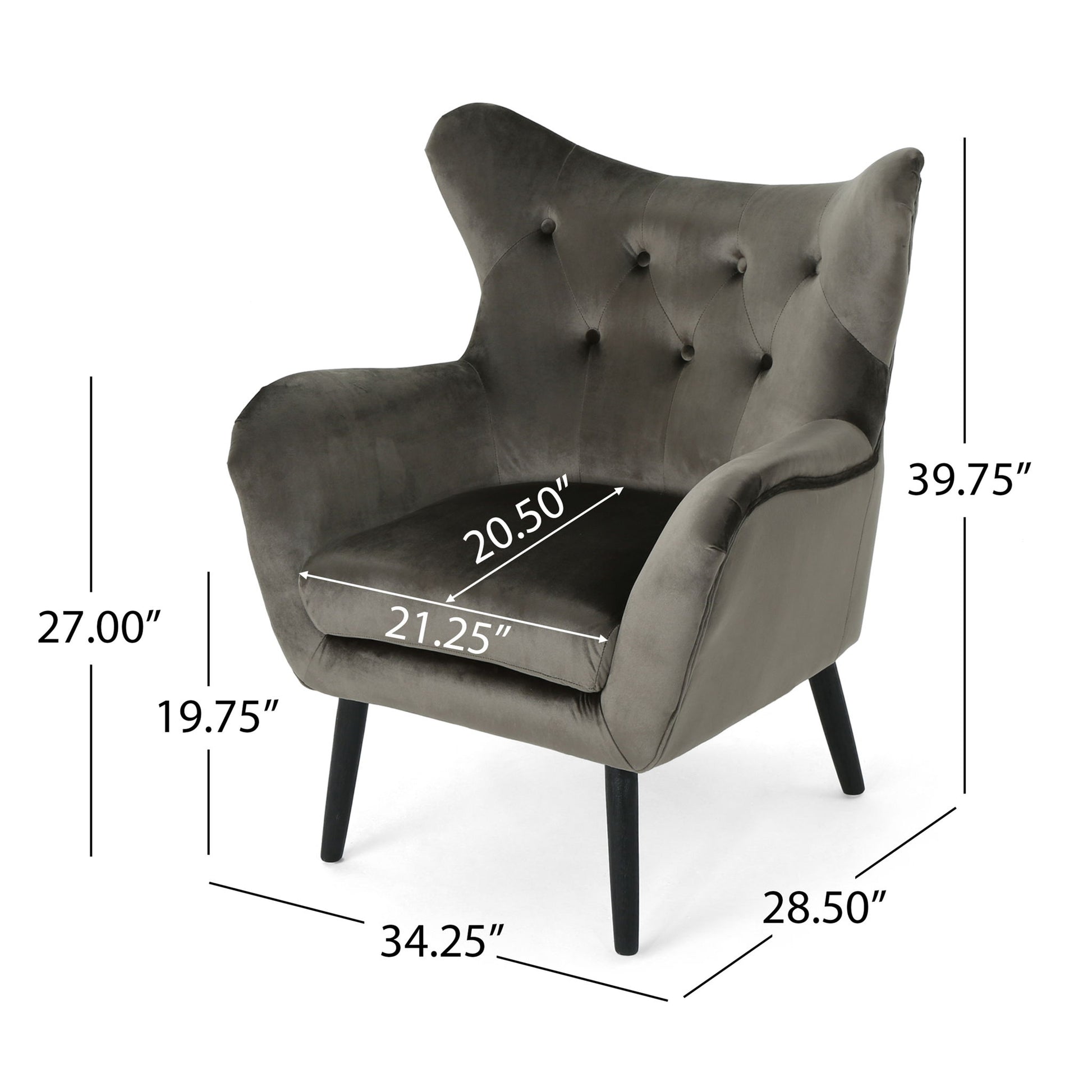 The Alyssa Mid Century Upholstered Arm Chair features a gray wingback design, button-tufted backrest, angled wooden legs, and these dimensions: 39.75"H x 34.25"W x 28.5"D; arm height 27", seat 19.75"H x 20.5"W x 21.25"D.