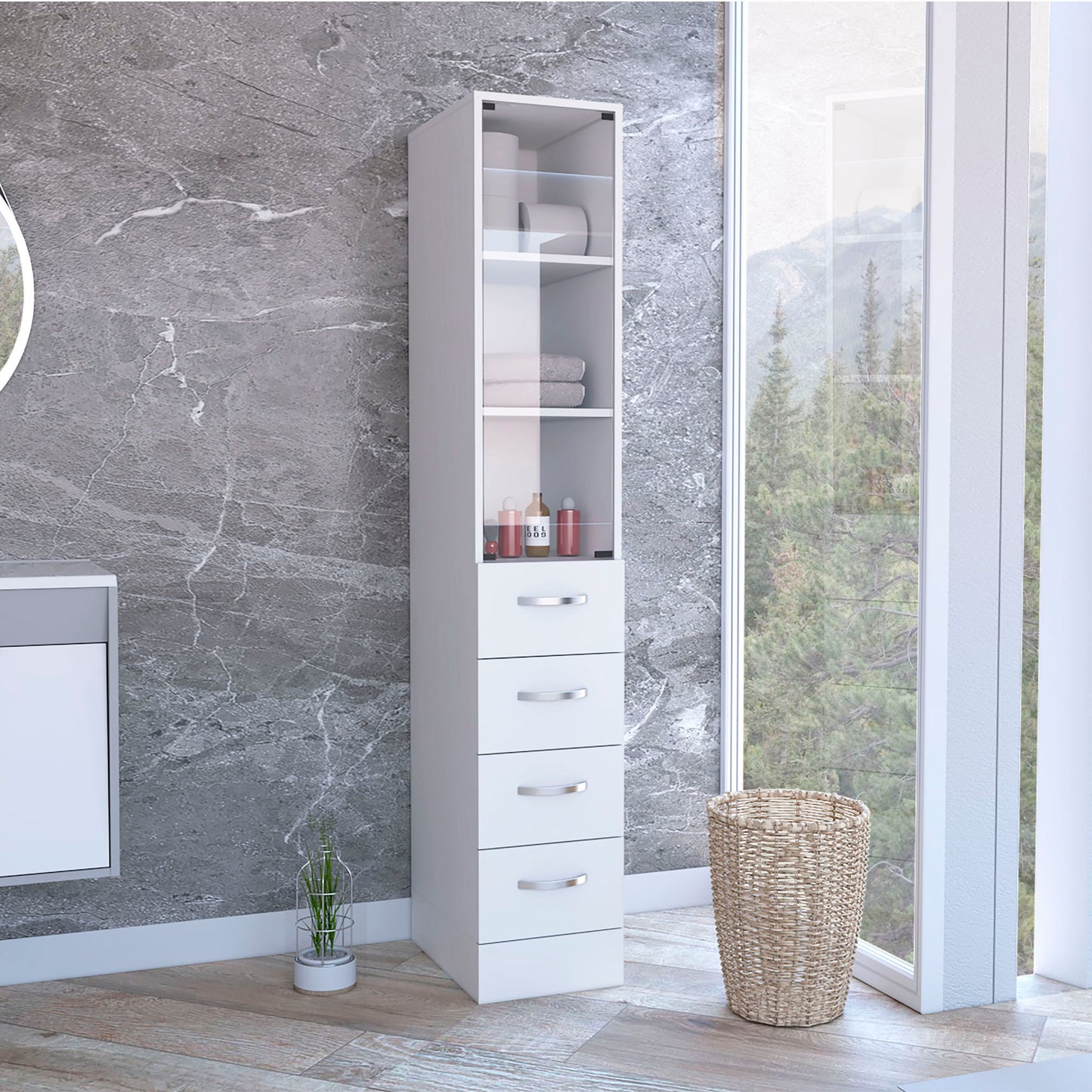 A Linen Cabinet with 3 shelves, 4 drawers, and metal handles in white stands by a window against a gray marble wall. Towels and toiletries are on the shelves, and a wicker basket sits on the wooden floor nearby.